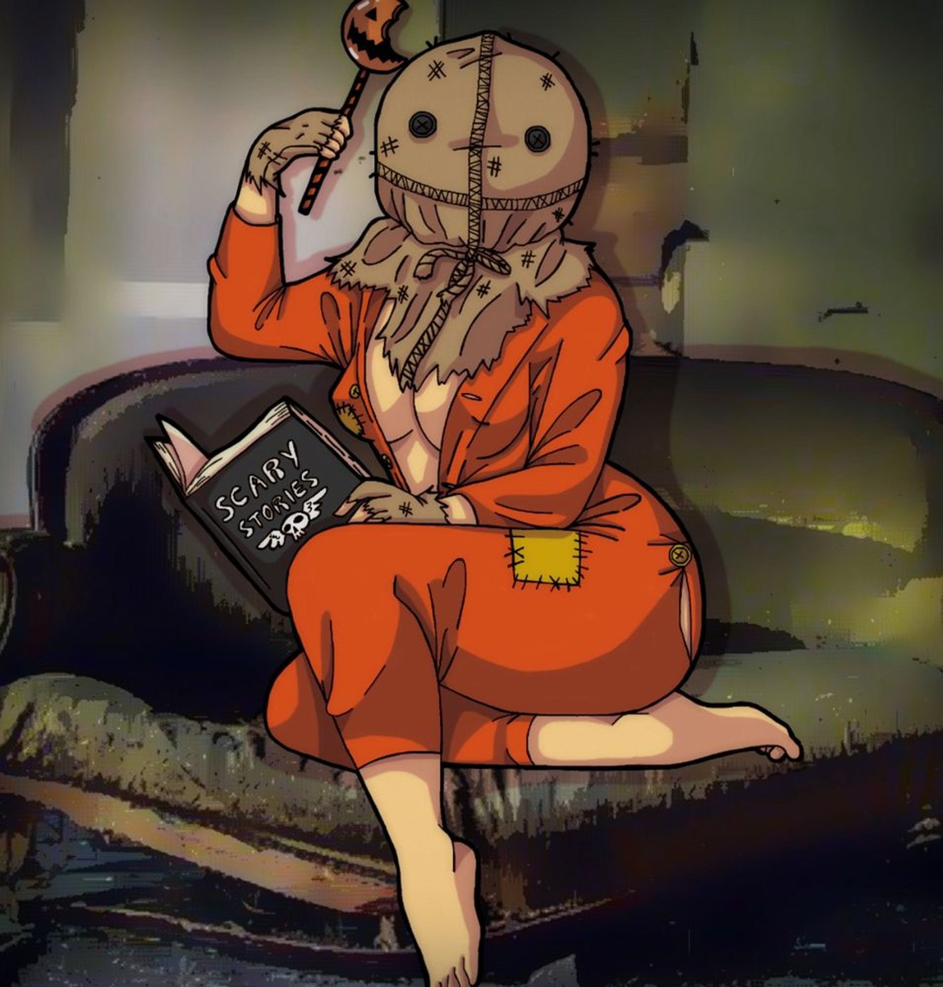 A scarecrow like figure wearing a patched orange long underwear, open down the front to reveal the edge of pale breasts, and a burlap sack over its head and neck, tied with a rough rope, is sitting leaned back on a old couch, legs crossed up underneath it, feet bare, and holding a half eaten jack o' lantern popsicle while reading a book titled "Scary Stories" that is resting on one leg.