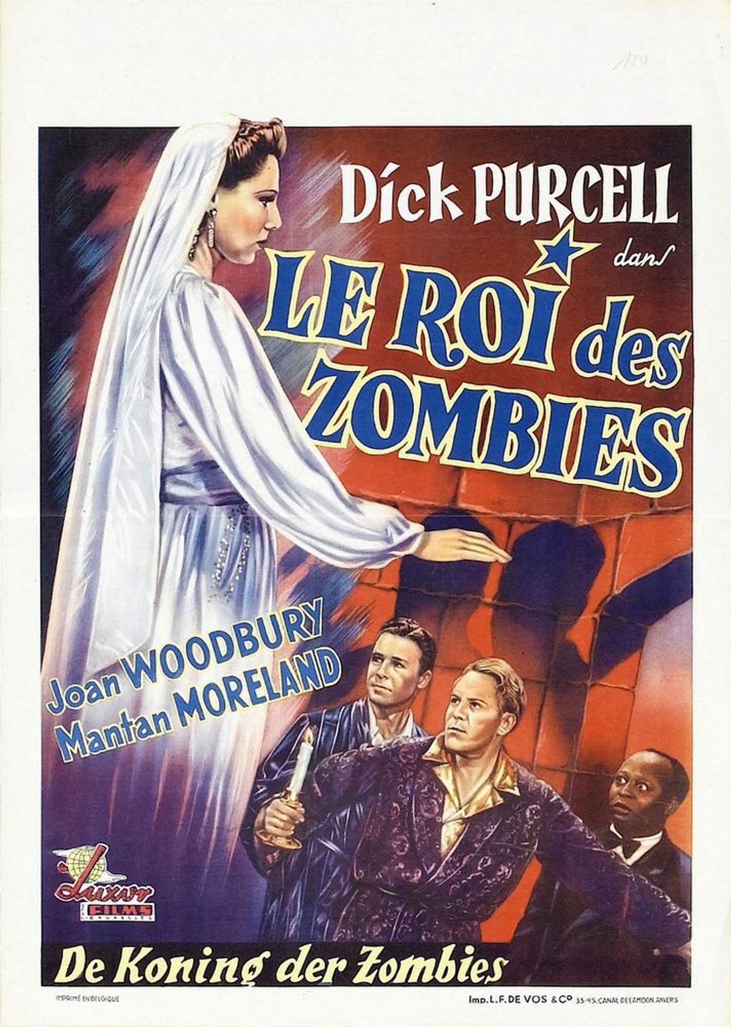 A vintage movie poster featuring a prominent woman in a white dress, a long veil hanging down her back, as she reaches forward. She is in a red brick room with an archway in front of her. Below her is a trio of men, two white men in robes, one holding a candle, and a Black man in a suit, all looking towards something shocking.

Text reads:

Dick Purcell dans
Le Roi des Zombies

Joan Woodbury
Mantan Moreland

De Koning der Zombies