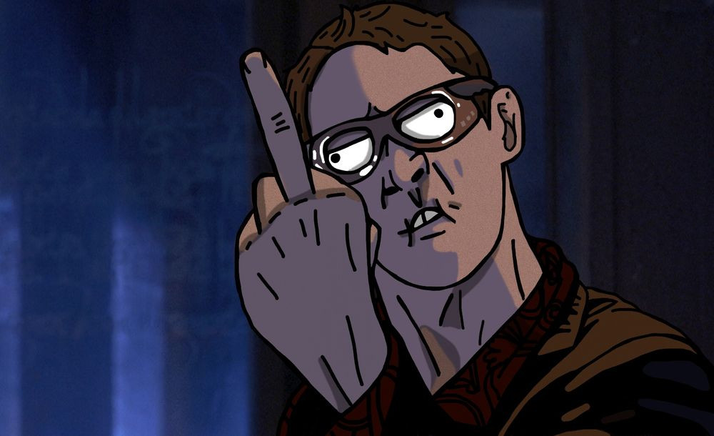 Derpy fan art drawing of Rafkin (Matthew Lillard in Thir13en Ghosts) wearing a red paisley shirt, black suit jacket, and clear glasses with a raised middle finger.