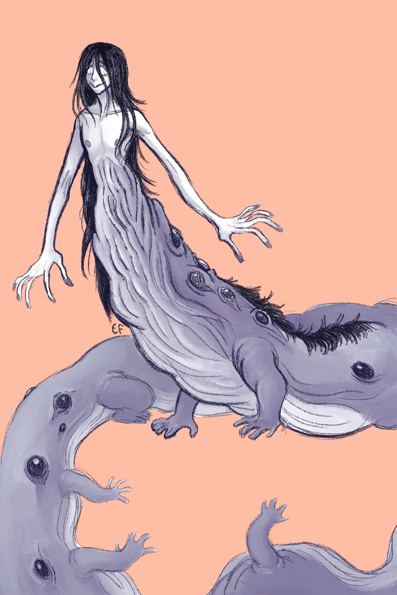 A creature with the upper body of a man with long black hair. The rest of his body is a salamander-like creature with many eyes and many legs. The body is so long that we cannot see the end of it.