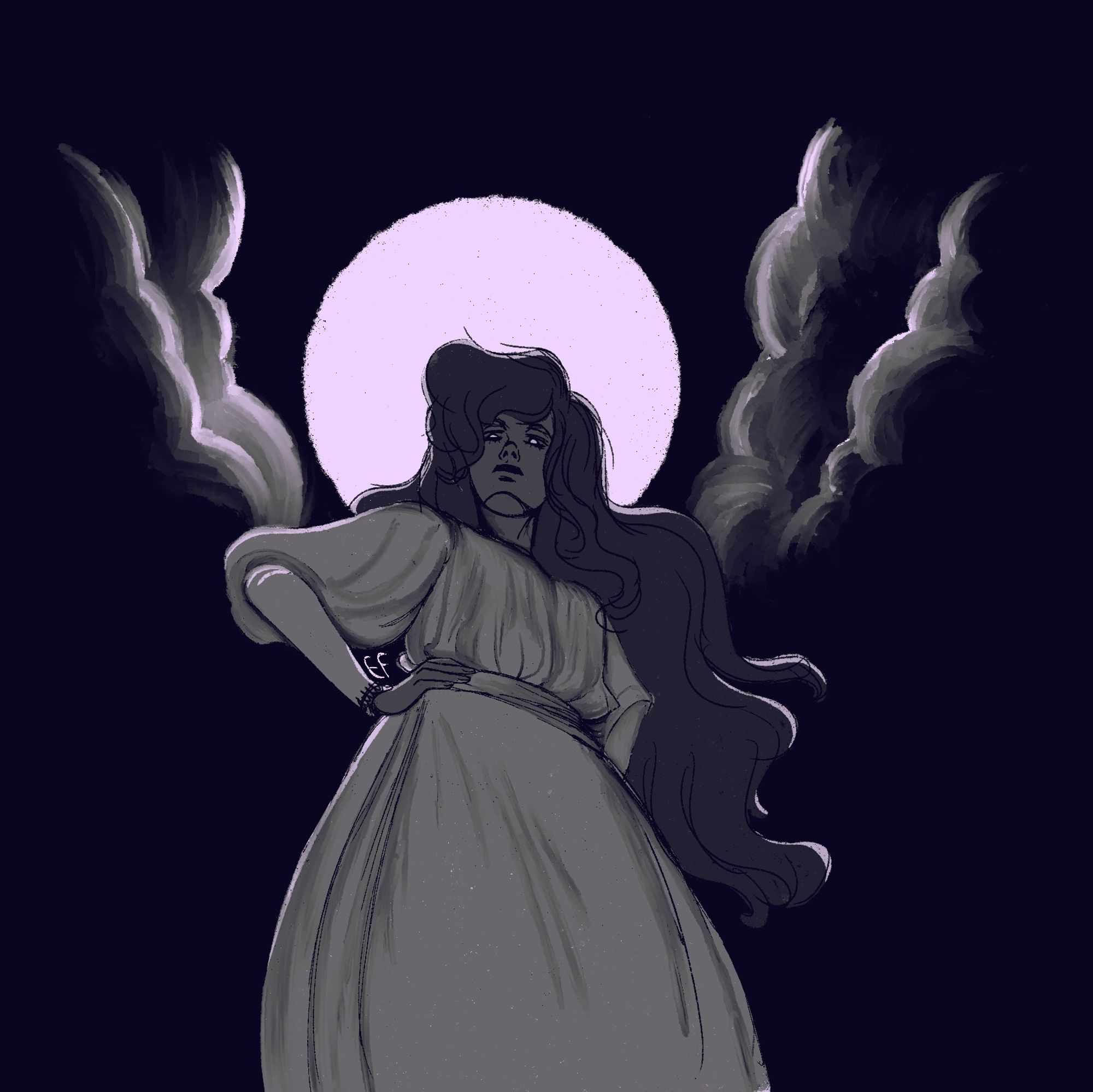 Low angle of a woman with long hair in a dress, looking down on something. Her head is framed by a moon surrounded by clouds.