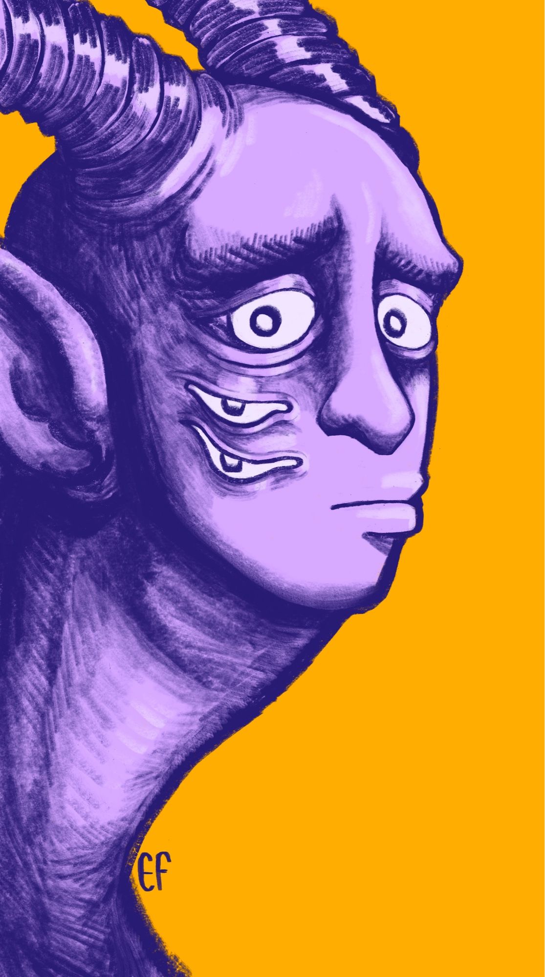 On a bright yellow background, portrait of a demon-looking dude with lilac skin. They have a long neck, two additional eyes on their cheek, two horns sprouting from their head and a concerned expression.