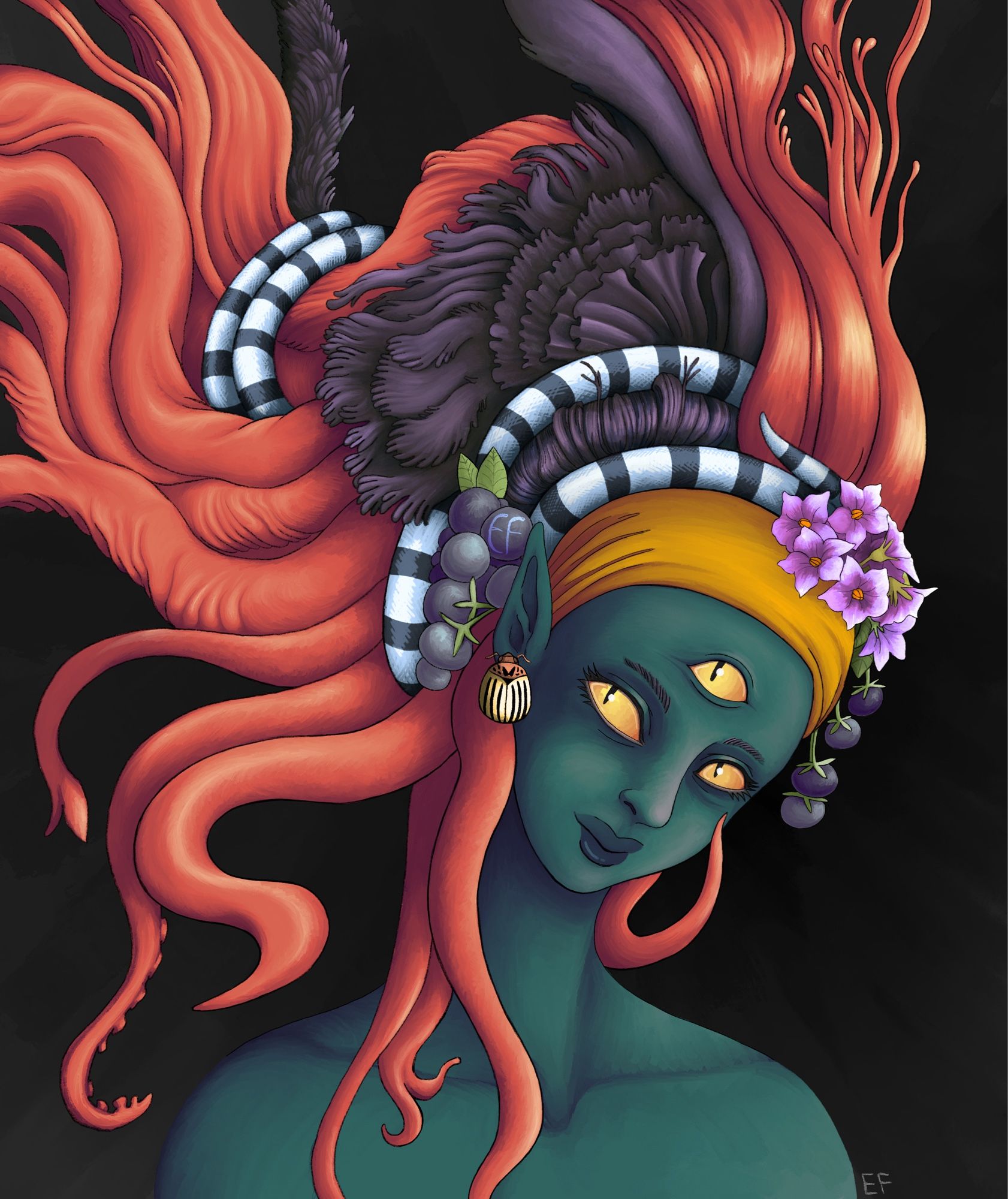 Portrait of a woman with green skin and three yellow eyes on a black background. The woman wears a yellow scarfs. Her hair is made of red tentacles and fleshy limbs. A black and white snake seems to hold her hair. The woman has potato berries and flowers in her hair. She has a potato beetle for a earring.