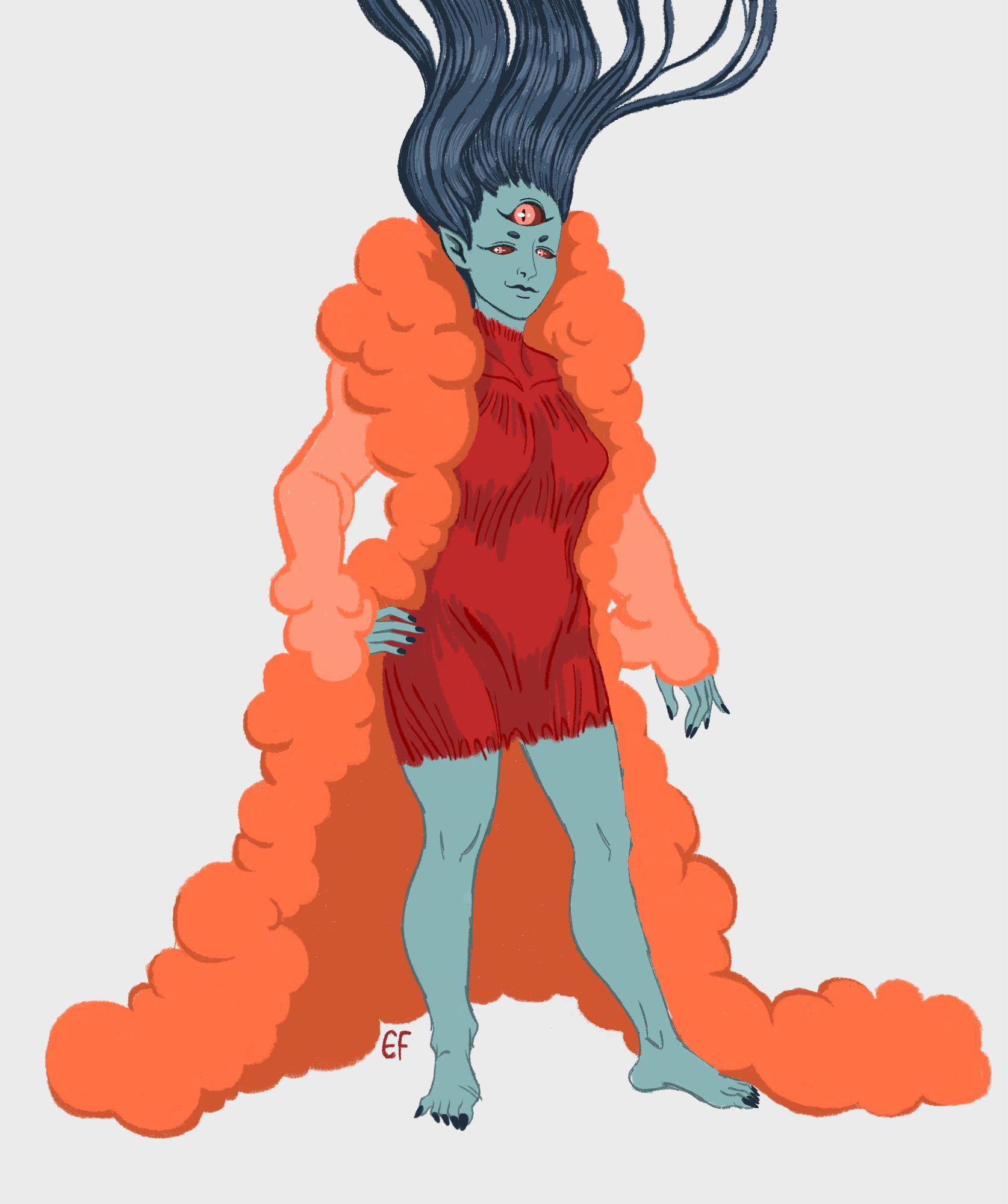 A woman with pale teal skin. She has dark teal hair floating above her head and out of frame. She has a third eye on her forehead. She is wearing a short tight fitting red dress that seems made of muscle fibers. She also wears a big open robe.