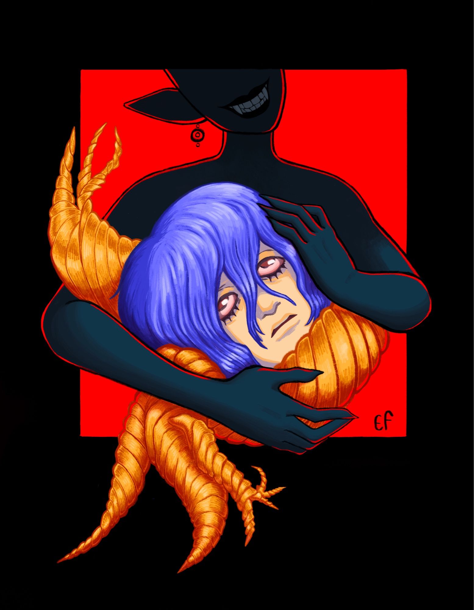 On a black background, on a smaller red rectangle, a woman with dark green skin is holding the head of a man in her arms.   Only the bottom half of her face is visible. She is smiling. The head she is holding has blue hair, pale sickly skin, and golden horns emerge from behind his skull. His facial expression is vacant, he seems dead.