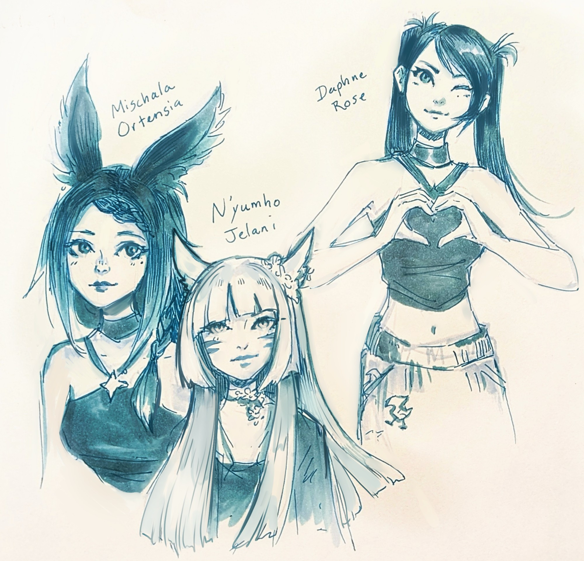 Sketchbook drawings of three Final Fantasy 14 player characters, drawn in teal ink