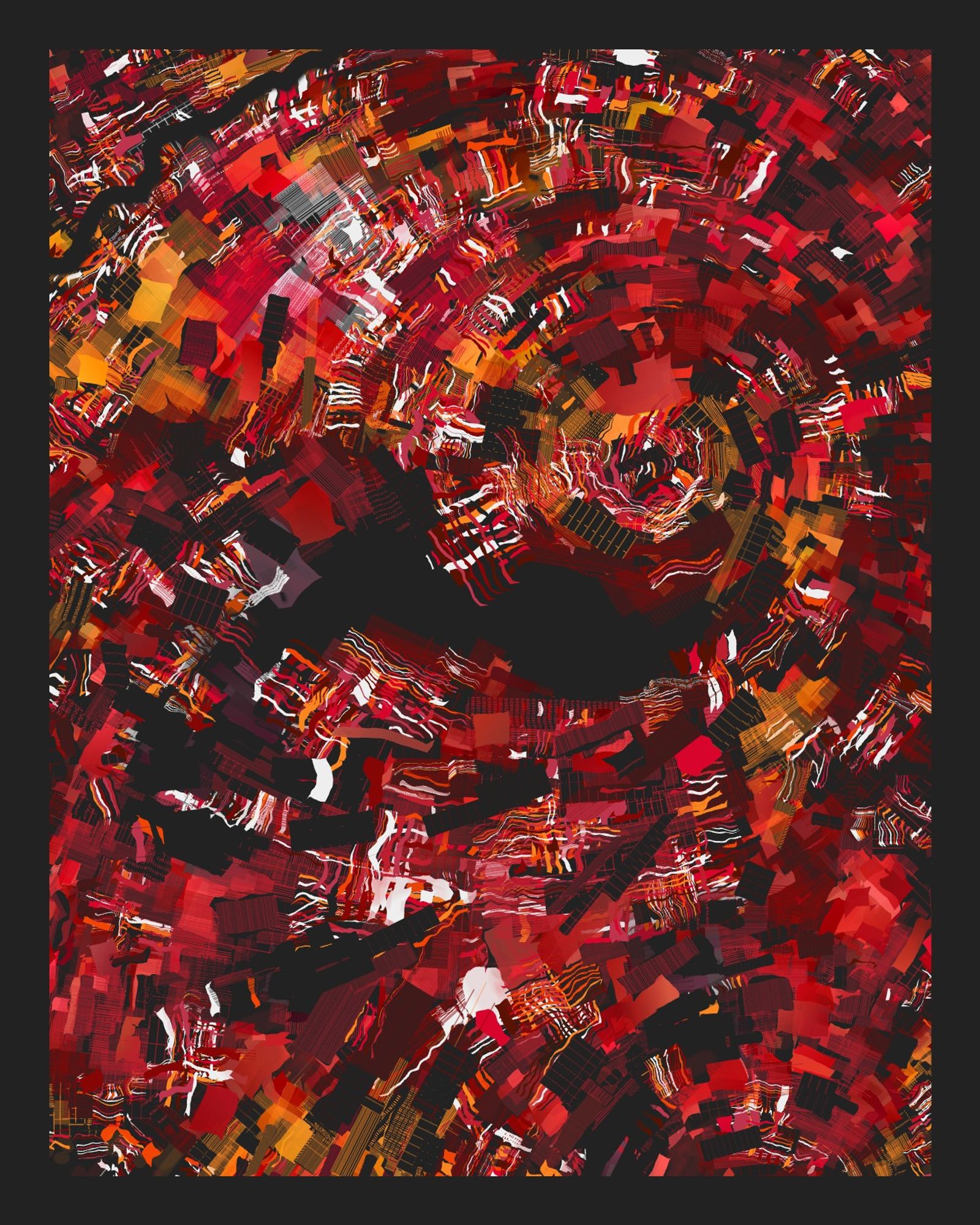 Abstract art of scattered lines guided by a flow field in reds and orange/yellows