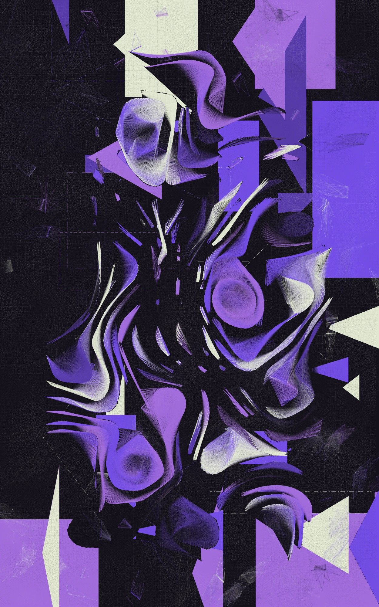 Abstract digital drawing with flowing lines and blocky boxes in purples and whites