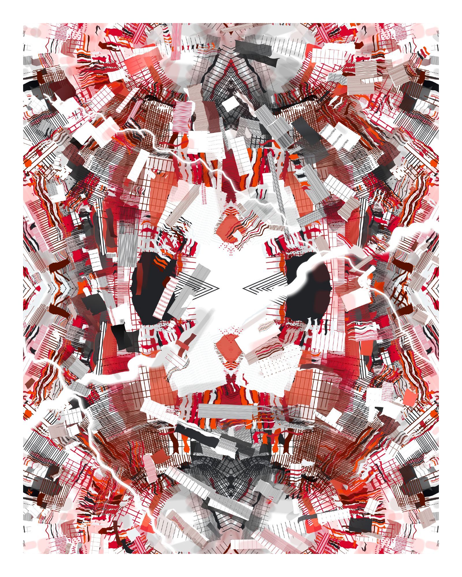 Abstract art made from clusters of red and black lines