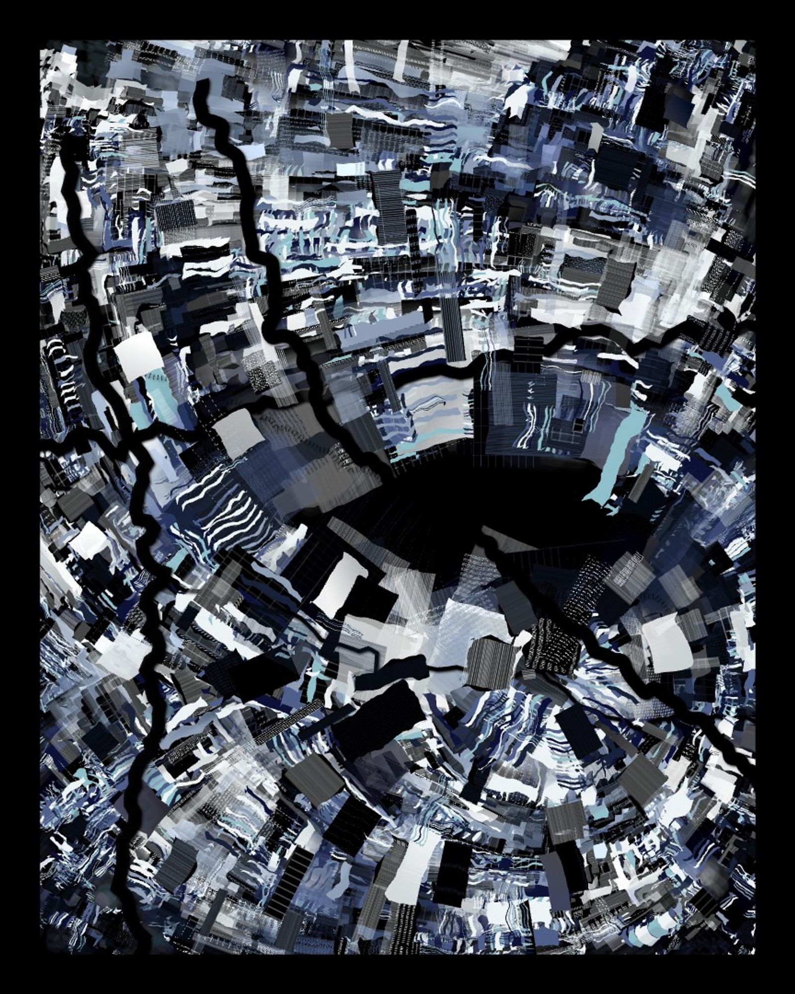 Abstract generative art of swirling blue and white lines against a black background