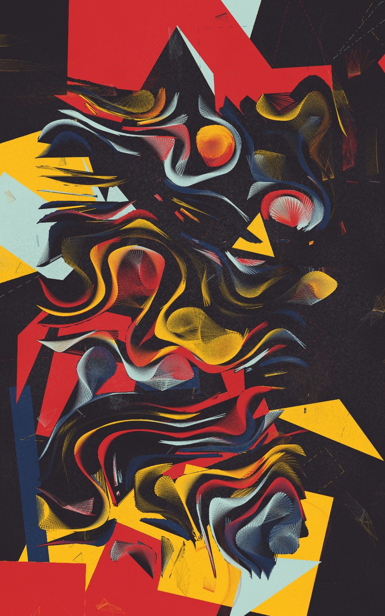 Abstract art of swirling lines guided by flow fields in reds, yellows, and blues against a black background