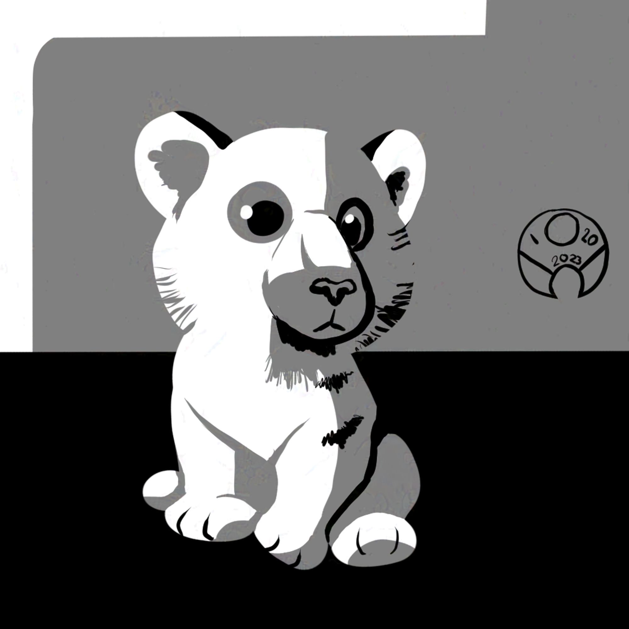 A digital piece done with only three colors, black, white, and middle grey. It is a small white tiger cub.