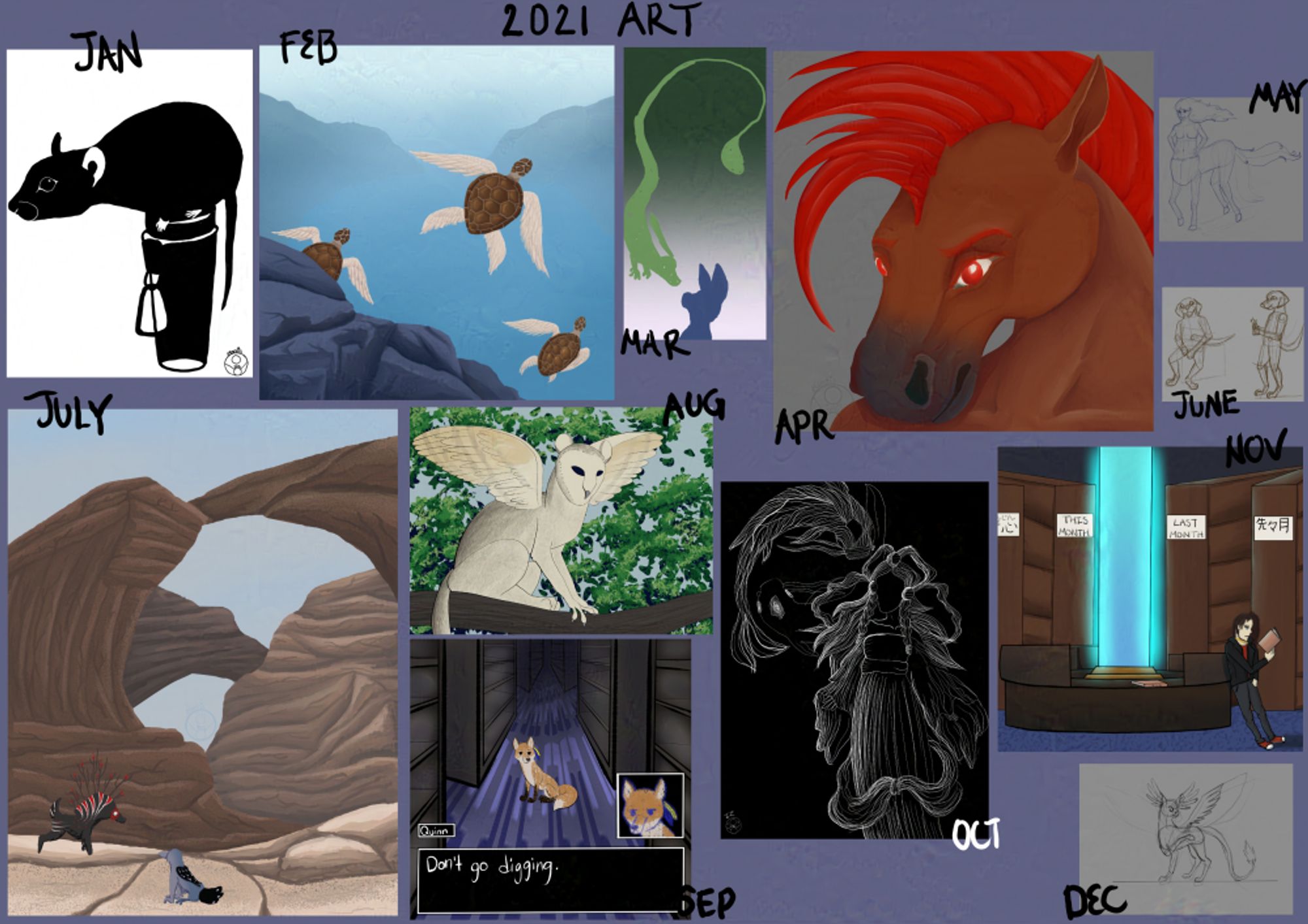 A collage of my favorite art pieces from 2021, including a horse headshot.