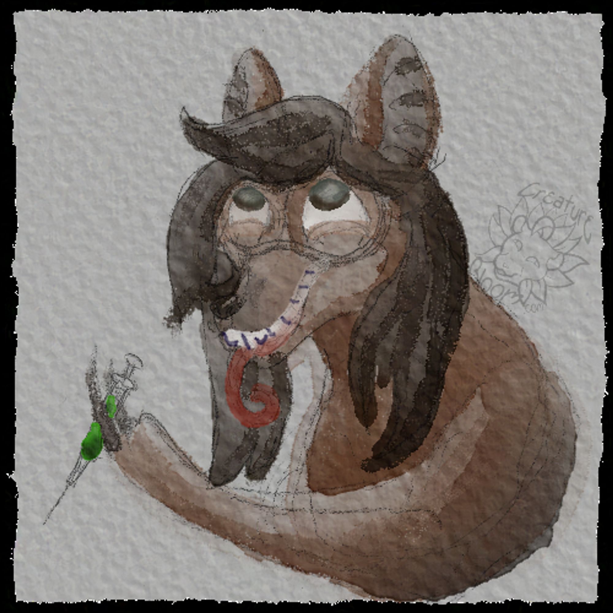 A watercolor style anthro bat with an insane creepy grin holding a syringe filled with a green fluid. It's tongue rolls out and curls up.