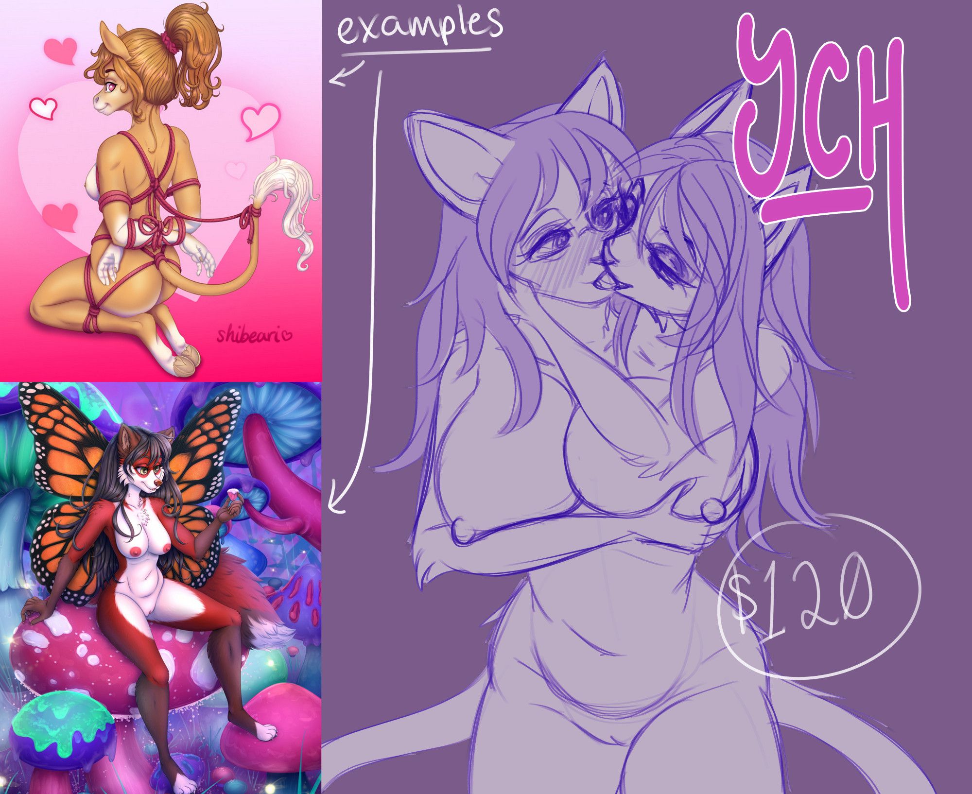 $120 YCH featuring two conjoined anthro furries making out (examples of finished work off to the left side)