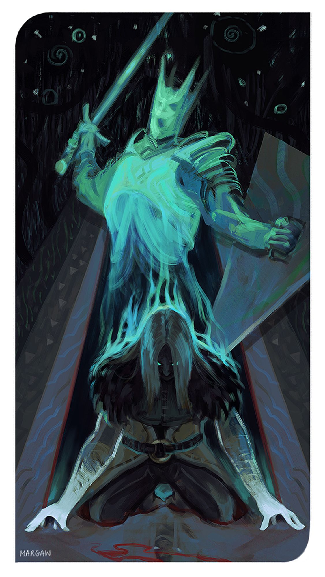 A fan art illustration of Anders and Justice from the video game Dragon Age 2, in a loose tarot style. Anders is engulfed in blue flames, trying (and failing) to contain the spirit/demon inside him.