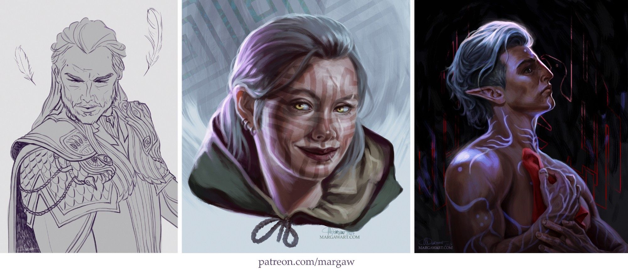 A collage of three digital artworks, all of them dragon age fanarts : 
1 : a sketch of Lucanis Dellamorte
2 : a portrait of my Inquisitor Cadash
3 : a painting of Fenris