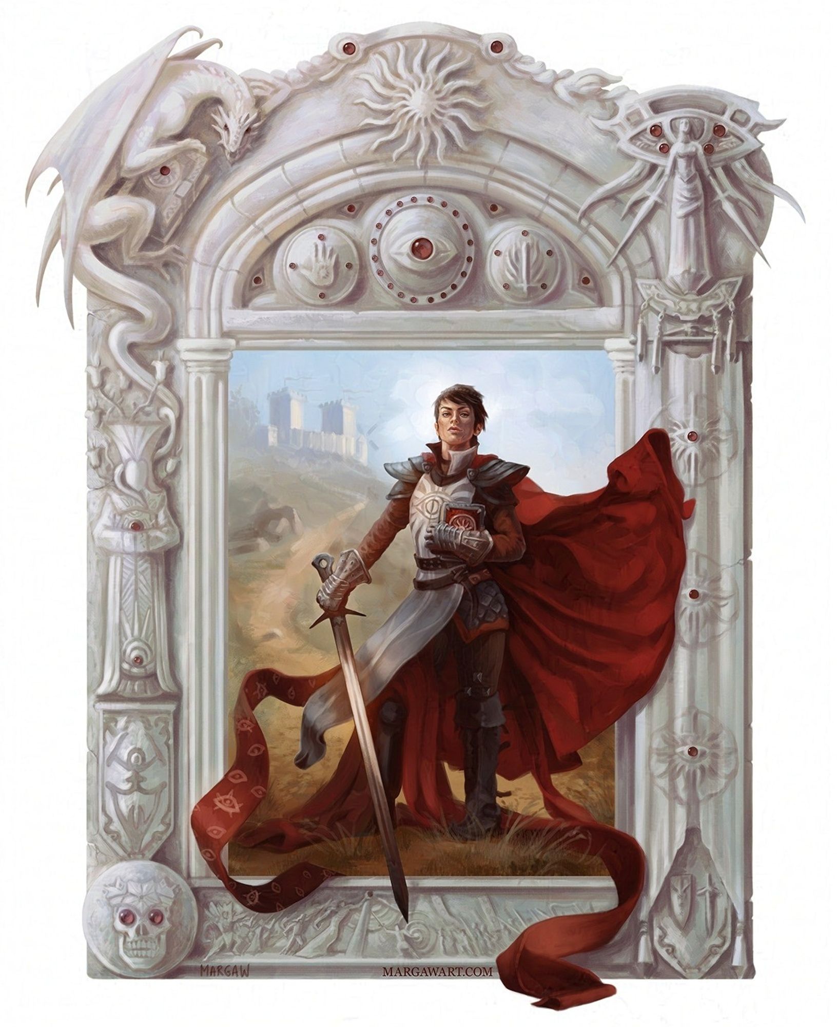 A fan art illustration of Cassandra from the video game Dragon Age Inquisition, in a classical painting style. She's holding a book and a sword, there's a castle in the background behind her and the painting is surrounded by a grisaille-style frame featuring various elements and symbols from the game.