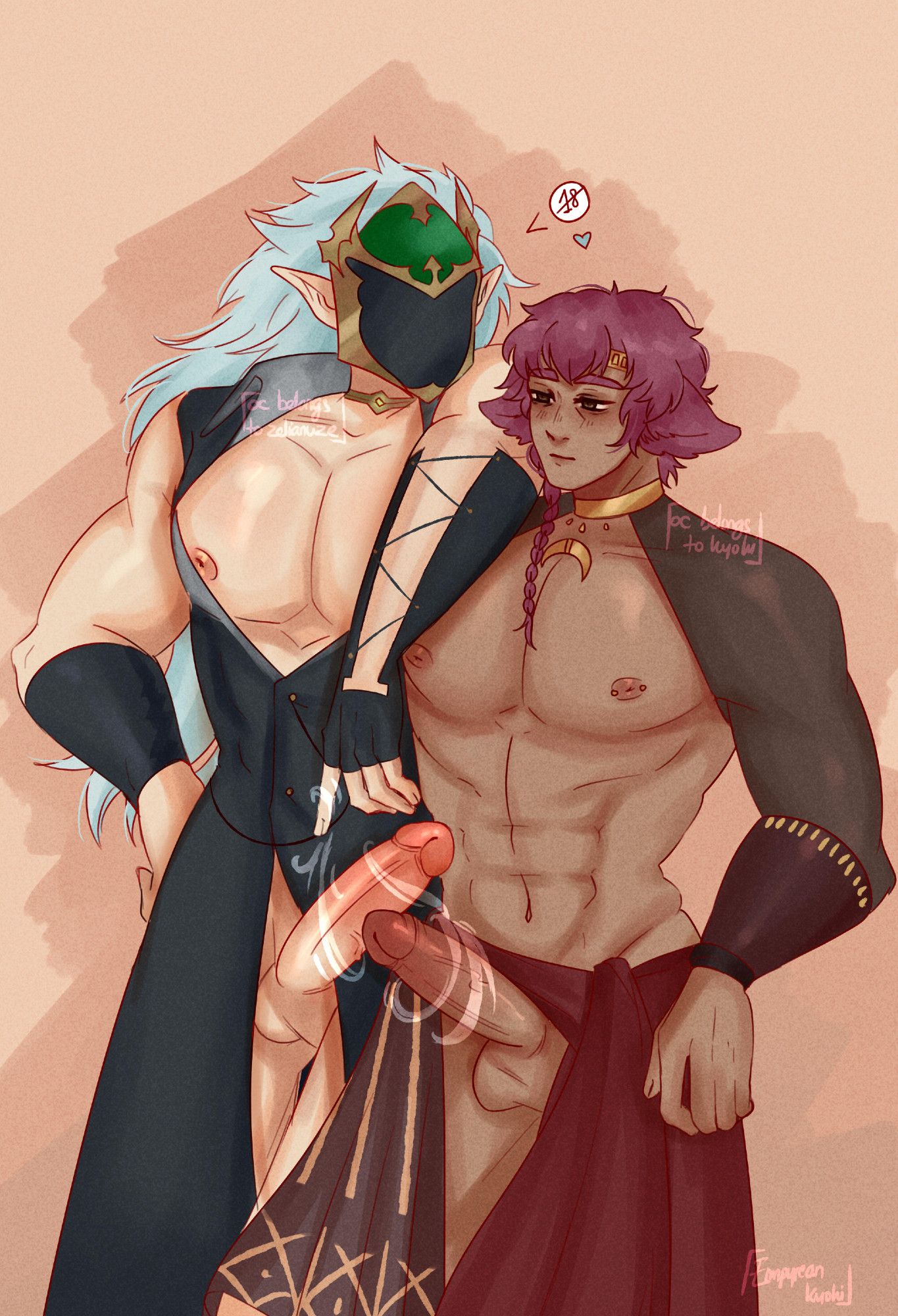 nsfw half dressed drawing of two buff ocs. The first one is a white skin elf man wearing a golden, black and green helmet, he has long white hair and is wearing a black outfits. The second is a kemonomimi man with bordeaux hair, tan skin, and wearing brown outfits with gold patterns.