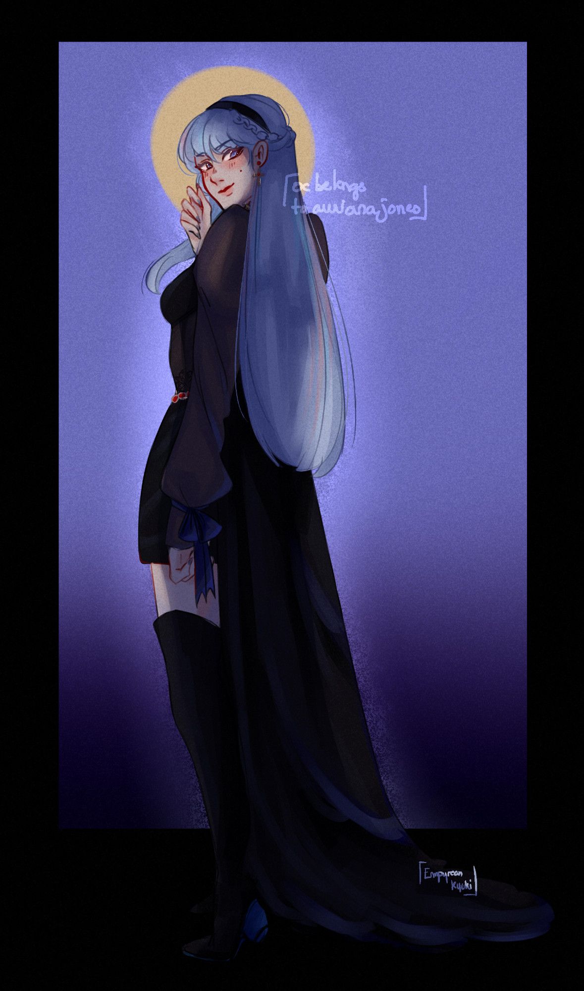 Fullbody of a woman, seen from the back, but she is turning her her towards us. She has blue long hair, and is weating an elegant black outfits.