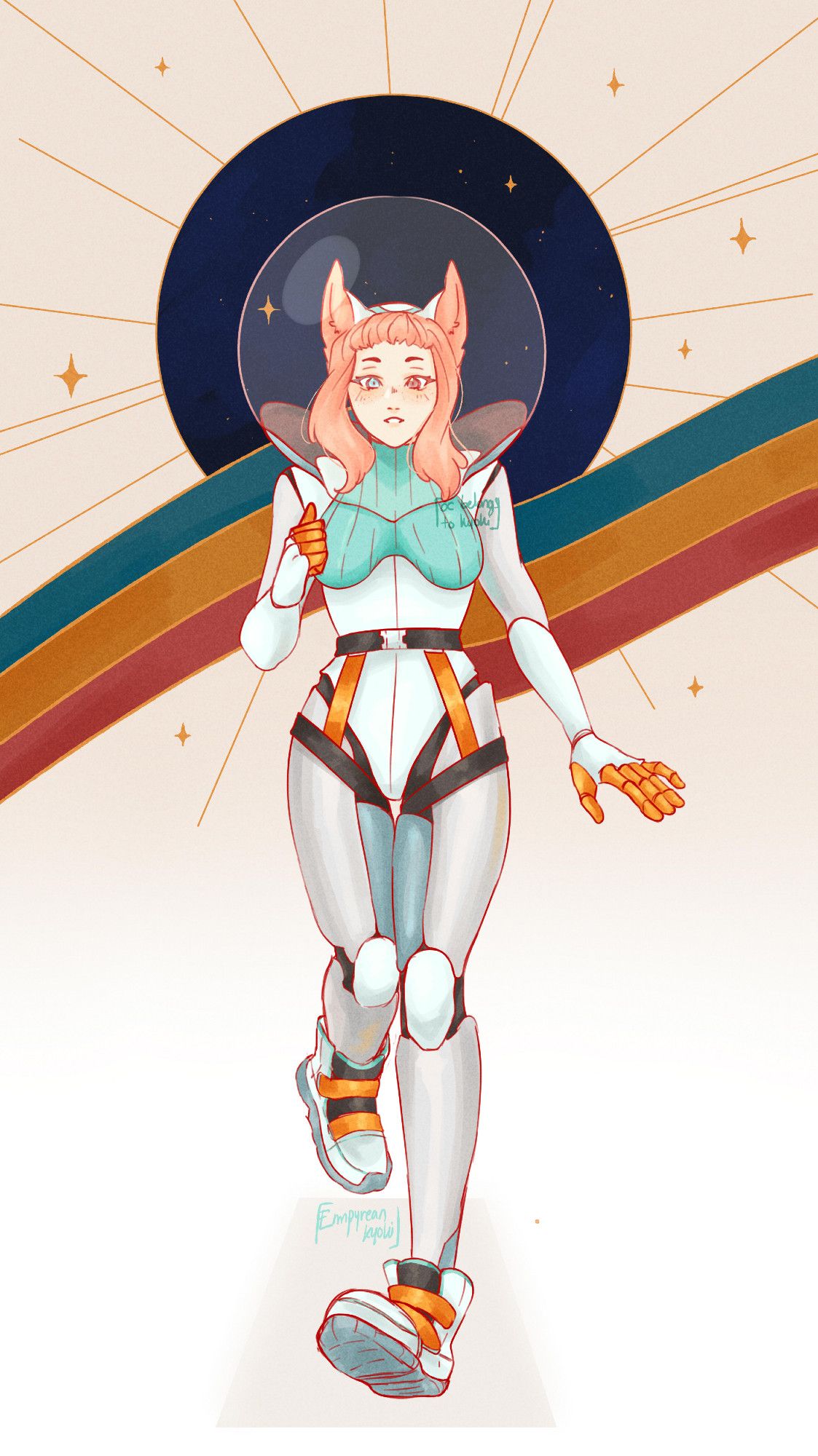 Fullbody of my oc Aerion (She/Her) in a futuristic outfits with a round glass helmet and white, teal and orange colors. The background is a circle containing stars and a orange halo, waves of colors are passing in front of it, the whole thing is inspired by Nasa designs !