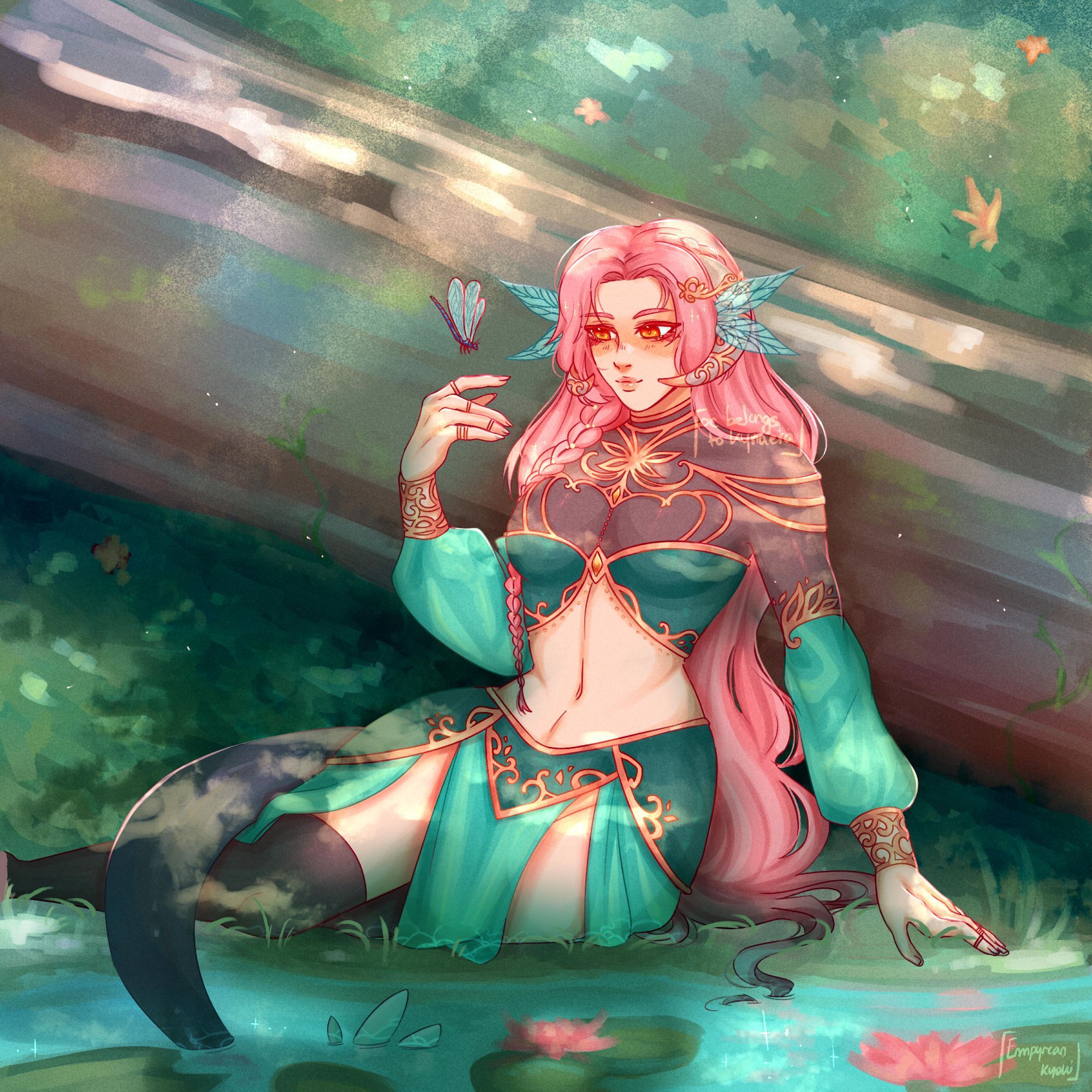 Illustration of a fae lady, with long pink hair, orange eyes and wearing an outfits with green and teal colors, with golden patterns. She has horns and insects wings on her head, as well as a dragon-like tail. She's sitting on the forest floor, near a water point with nympheas, there's a trunk behind her and some bushes with flowers. A dragonfly is landing on her hand.