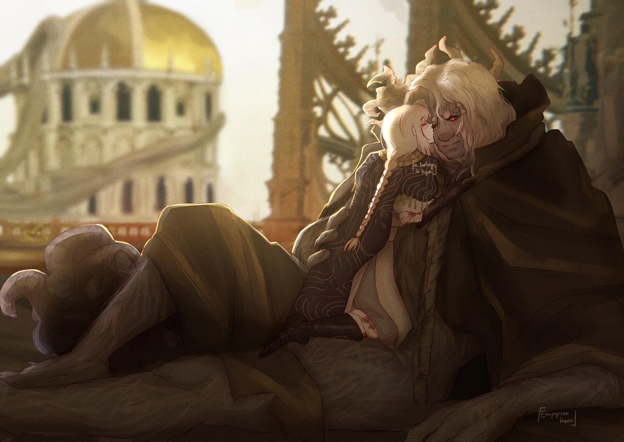 Art of a tarnished oc with white hair and a braid, dressed in brown/white outfits kissing morgott from elden ring. The background is a frankensteined/paint over screenshot of Leyndell from the game.