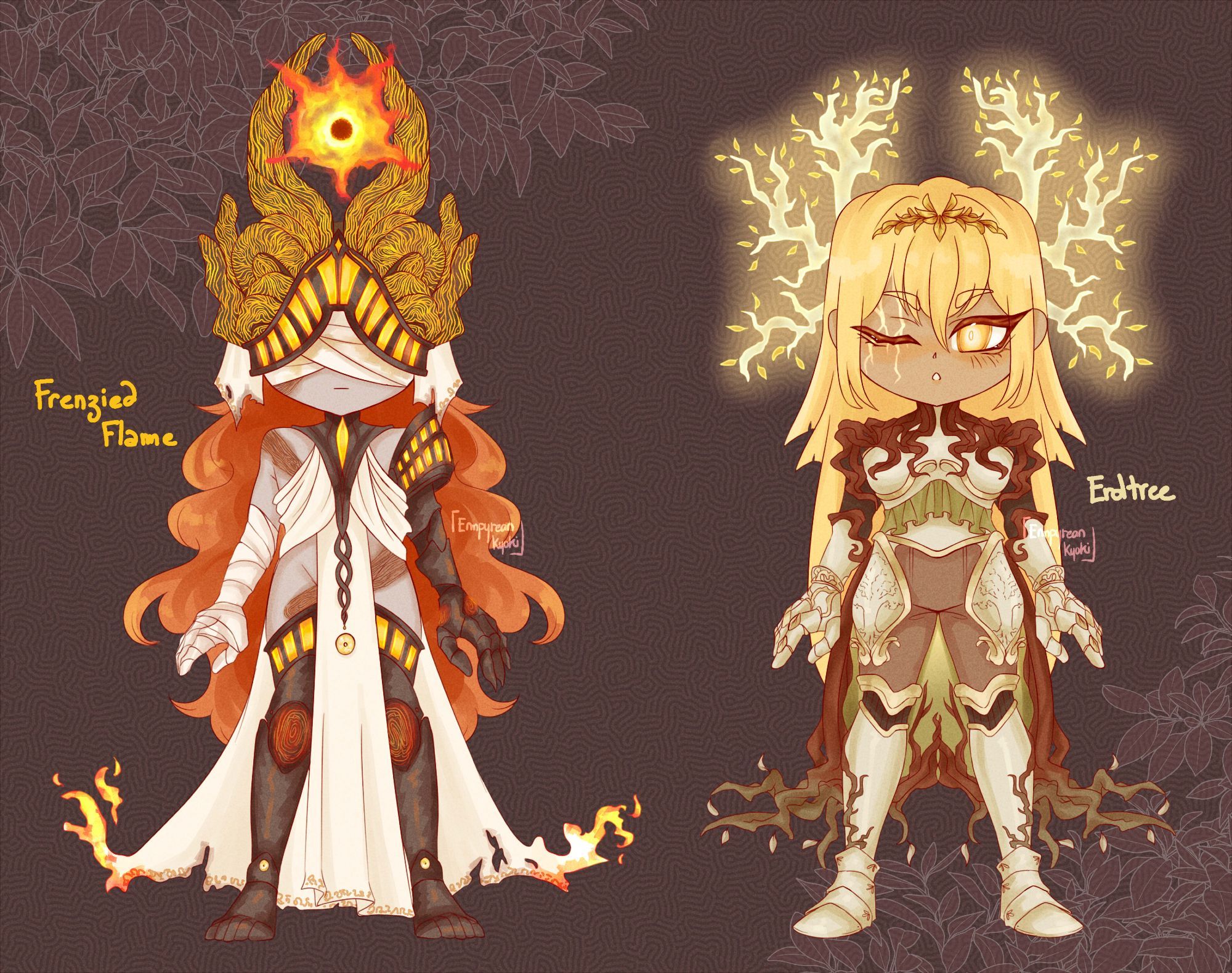 Adoptables designs. 
The first one is inspired by the Frenzied Flame from Elden ring, it has a headpiecs with horns patterned with yellow glowing fingerprints. They have red long hair, their eyes and arm are bandaged, and they wear some dark armor pieces with glowing orange and fingerprints as well. Their skin is greyish and has burns marks.
The second one is inspired by the Erdtree, they have glowing gloden branches around their head and their armor has tree and roots patterns, in natural/green tones. Their hair is long and blond, one eye is closed where their face bears a root marking, while the other is golden.