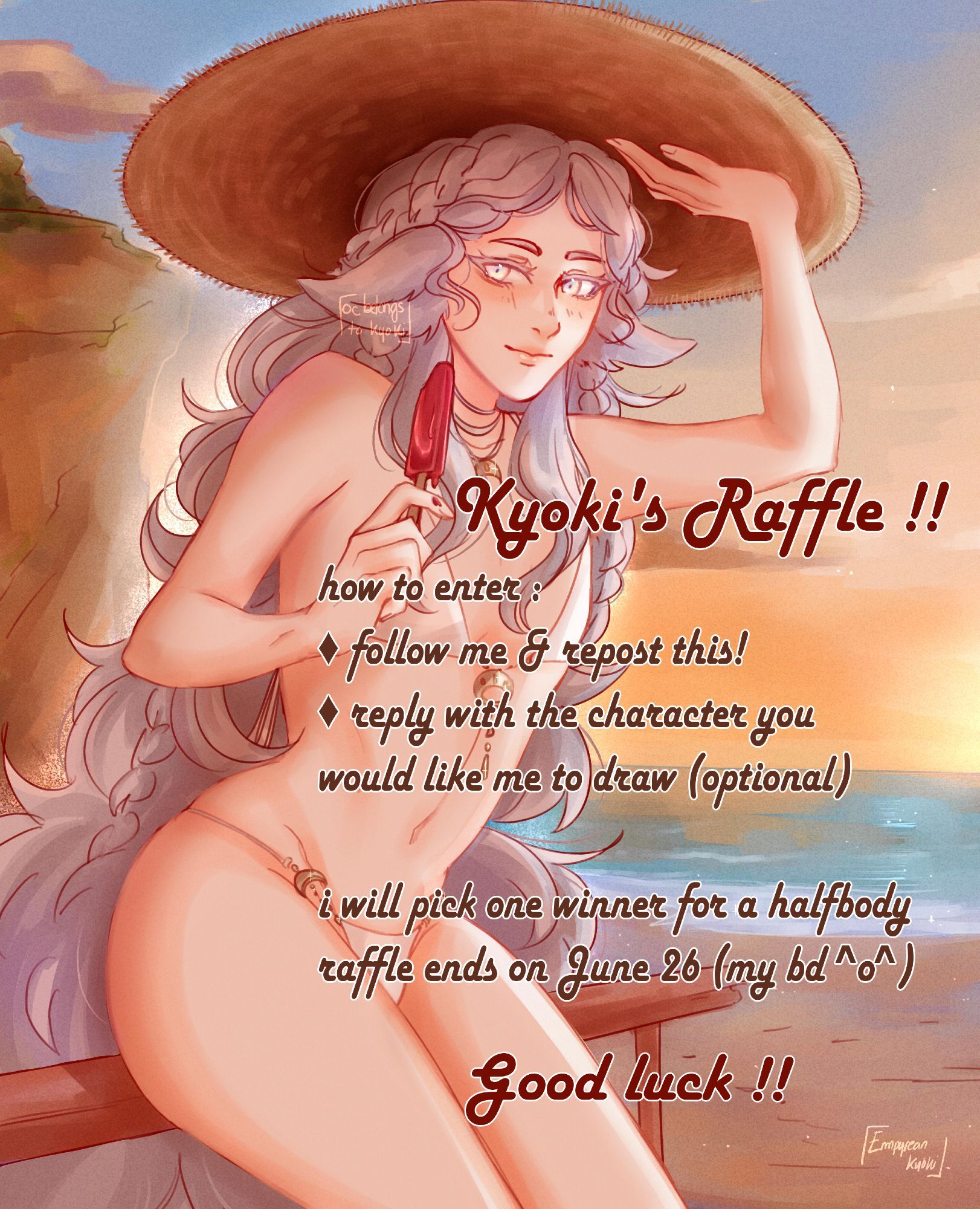 a halfbody drawing of my oc melinoë to advertise my art raffle. infos are same as the post.