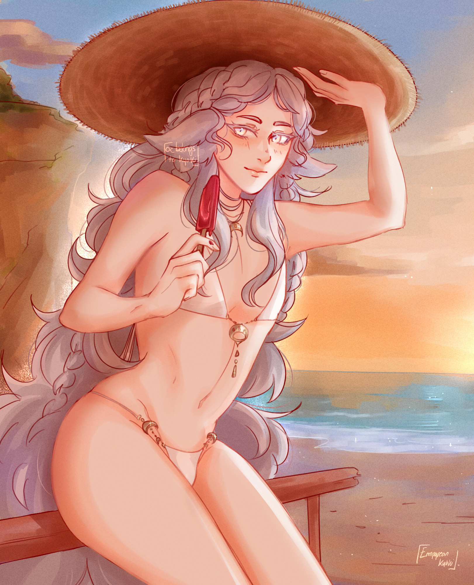 Drawing of my oc Melinoë, a young loonking feminine man with long grey hair, and low wolf ear. He is wearing a white bikini with gold jewels, a large straw hat and is holding a red popsicle. the background displays a beach at sunset, mainly orange & blue.