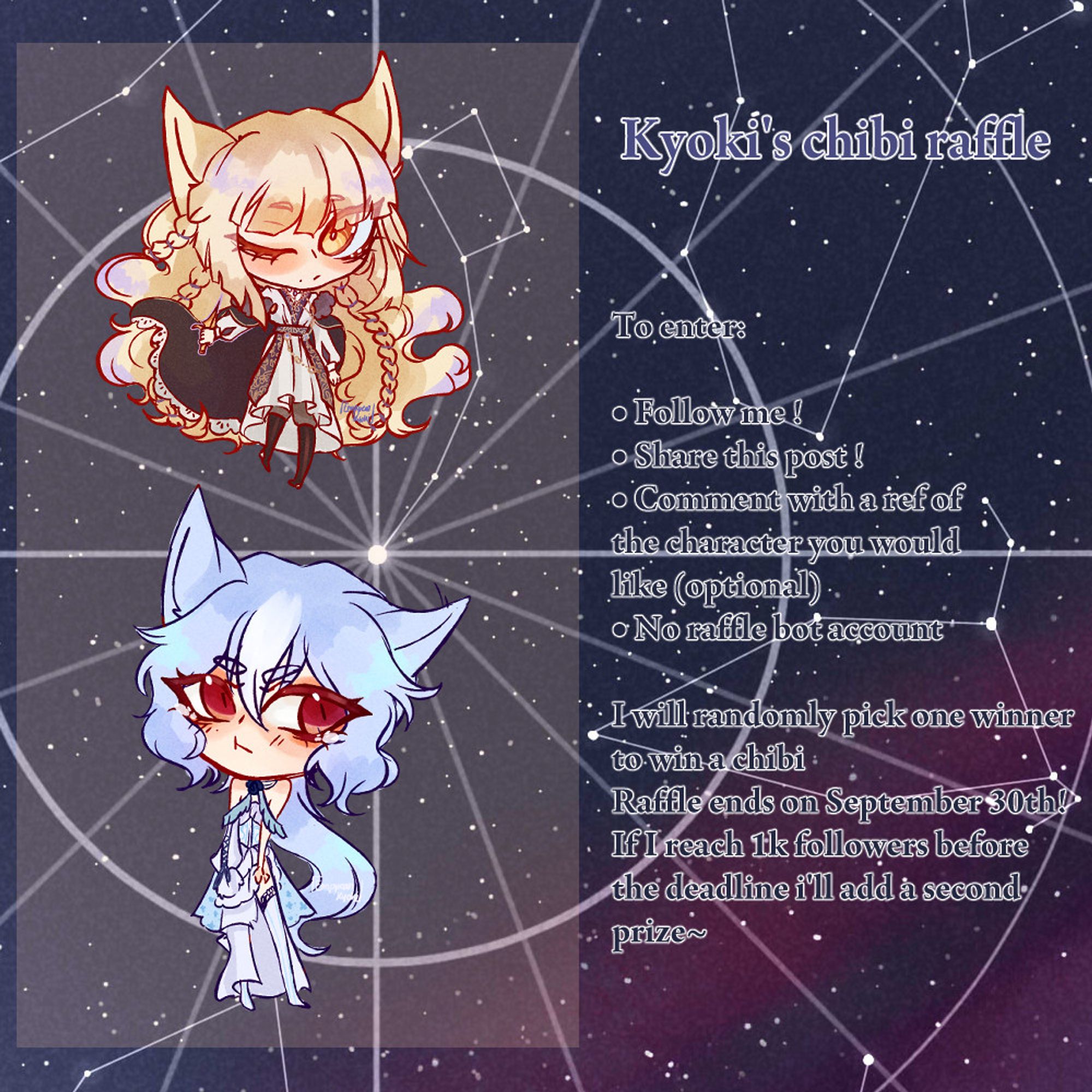 Raffle advertising post, with the same rules as above written on a star map background, with two exemples of chibis