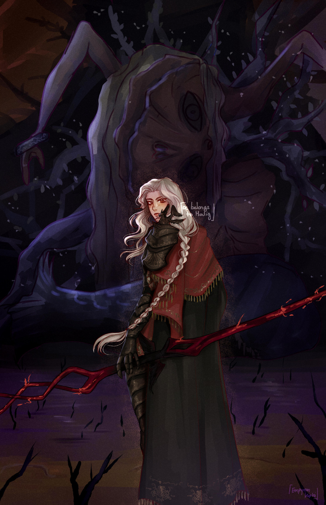 Artfight attack of a tarnished character with grey hair and a long braid, a black armor and red and black cape, holding a red twinblade. They are standing before the Prince of Death Throne from elden ring, a brown and purple swam with a monstruous figure in the background - the prince. Character belongs to gravitydusty