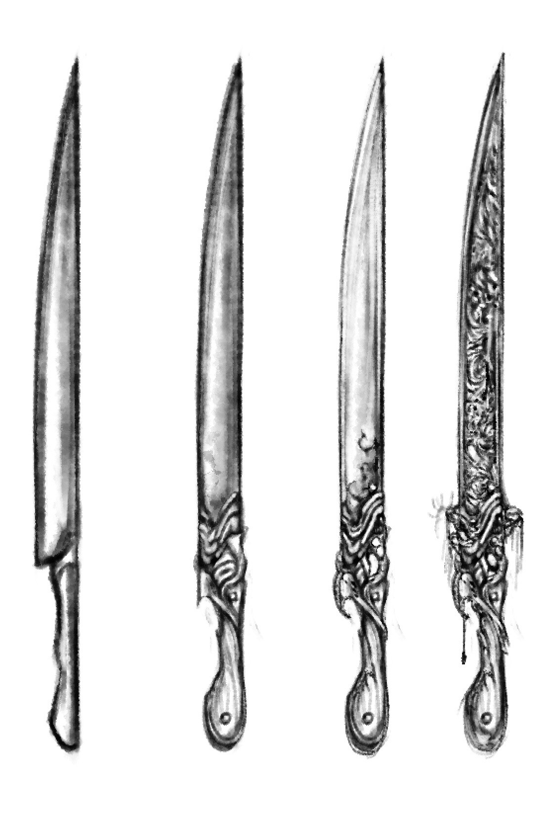 Concept art for an increasingly corroded knife, stemming from the remnant wooden handle of which the formerly dead wood is given new life, warping itself around the blade.