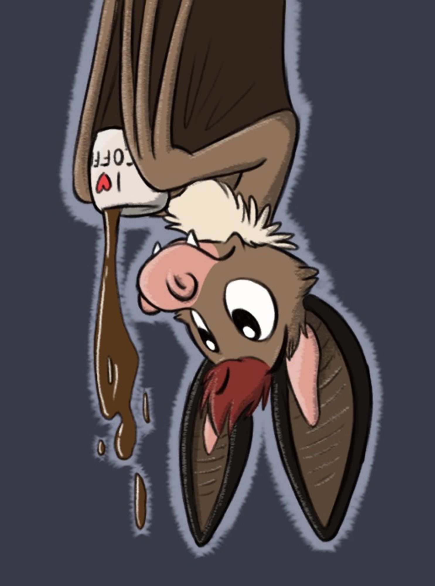 Art of a brown long-eared bat hanging upside down spilling all the coffee