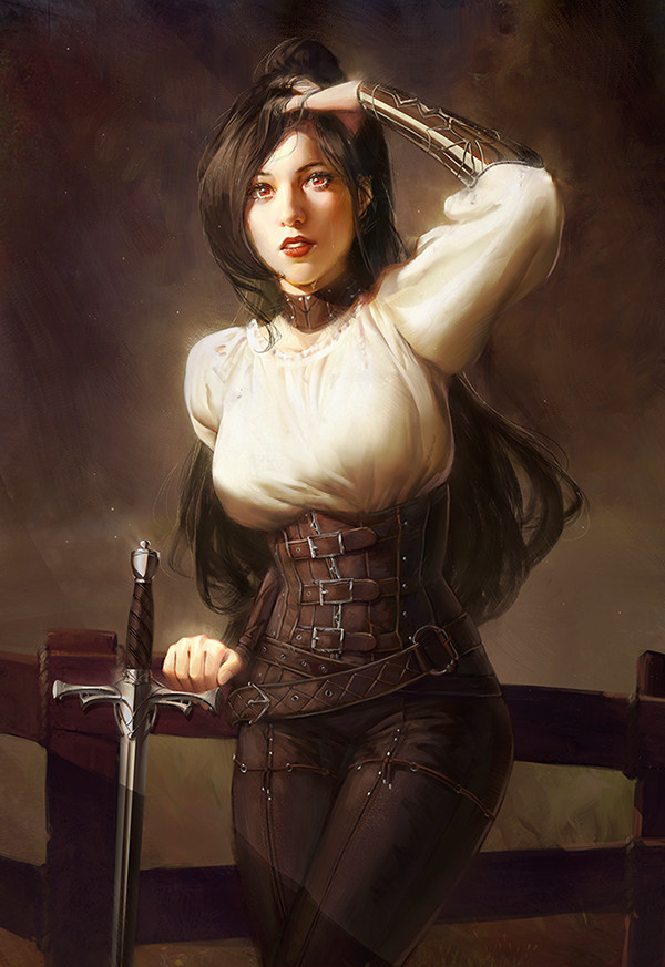 A black-haired woman leaning against a fence, left hand running through her hair. Right hand resting on the fence. Sword Next to her. She is wearing brown pants, a waist cincher, and a white blouse with a brown choker. 