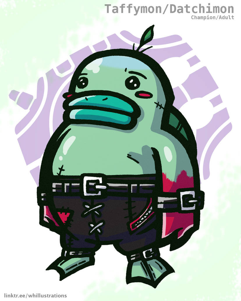 Taffymon (English) or Datchimon (Japanese) is the champion and last one I made. It looks like Kuchipatchi from Tamagotchi except for its coloring, some stitches, eyebrows, leather pants with their own stitches, patching and zippers and some belts. It's pretty much what I imagine if Kunipatchi lived in the Digital World.