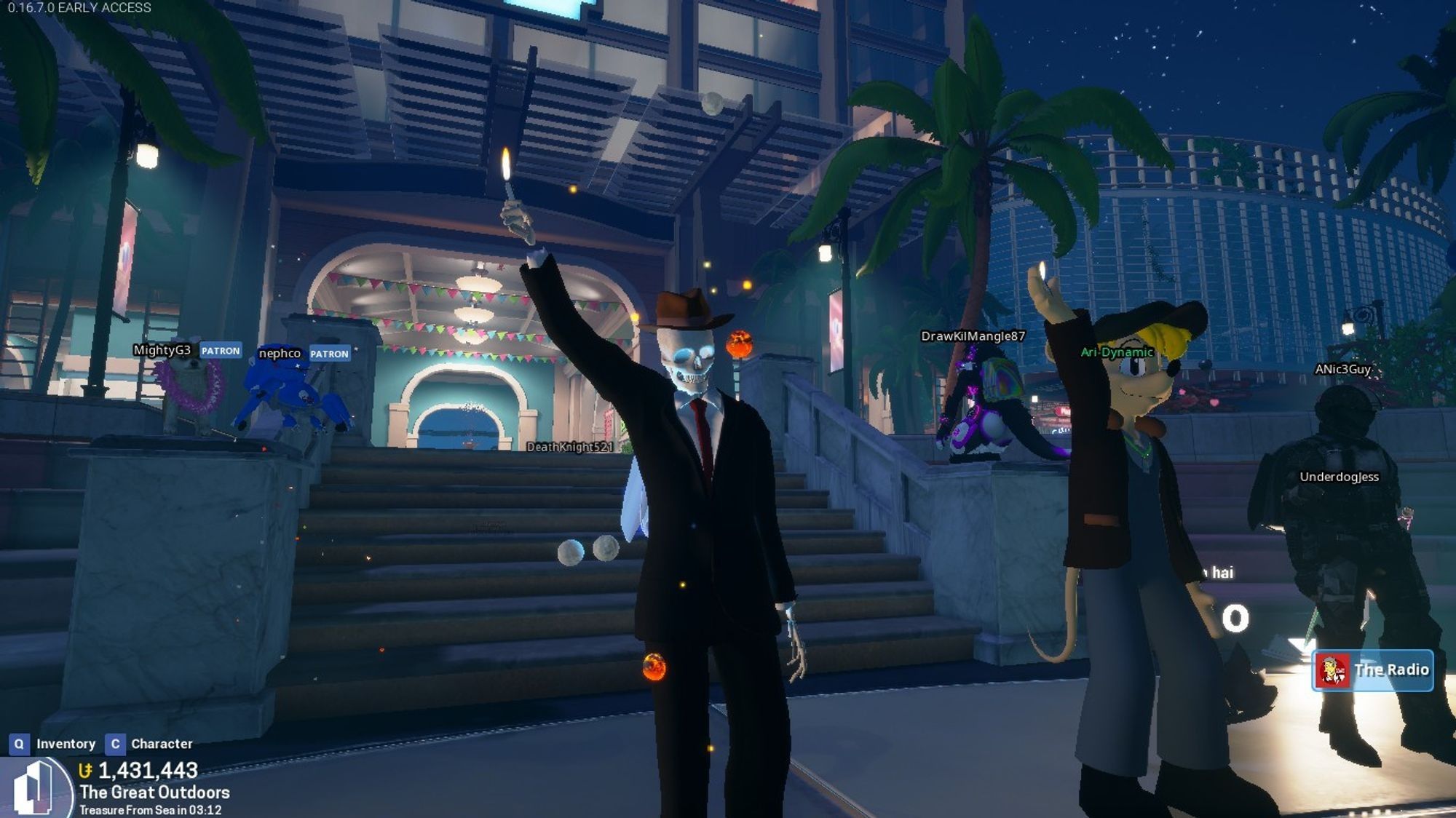 Screen shot of several players in the plaza spread out around the fountain steps. Some are waving lighters in the air.