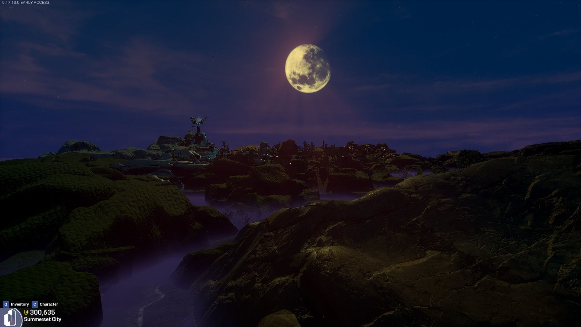 Screenshot of a payer's condo. The moon is full and centered in the sky above the seen. Ravines filled with a purple haze carve through the rugged terrain below.