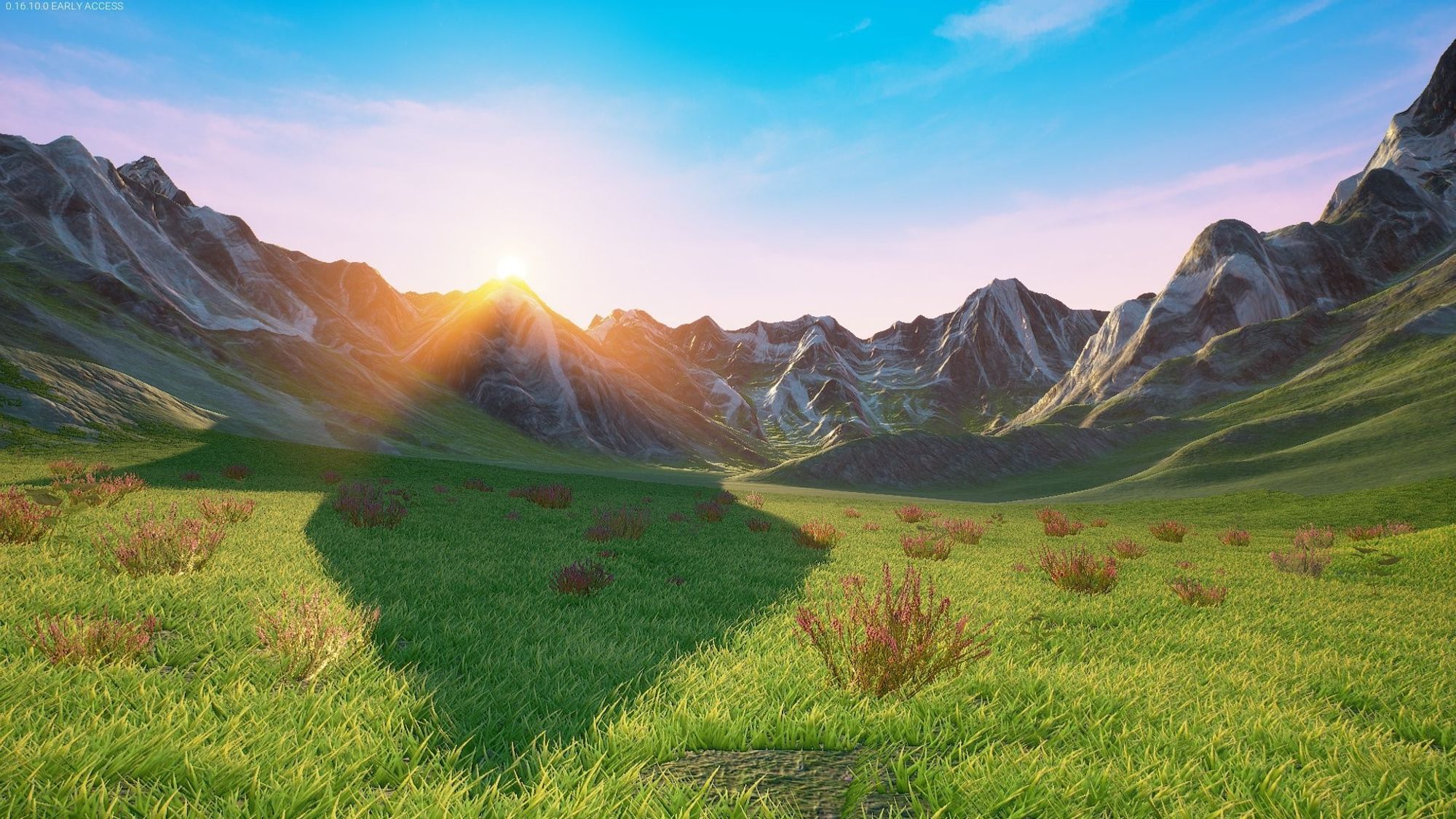 A screenshot of the out of bounds area in the Resort condo during sunrise. The sunlight is spilling over the mountain tops and into the valley below.