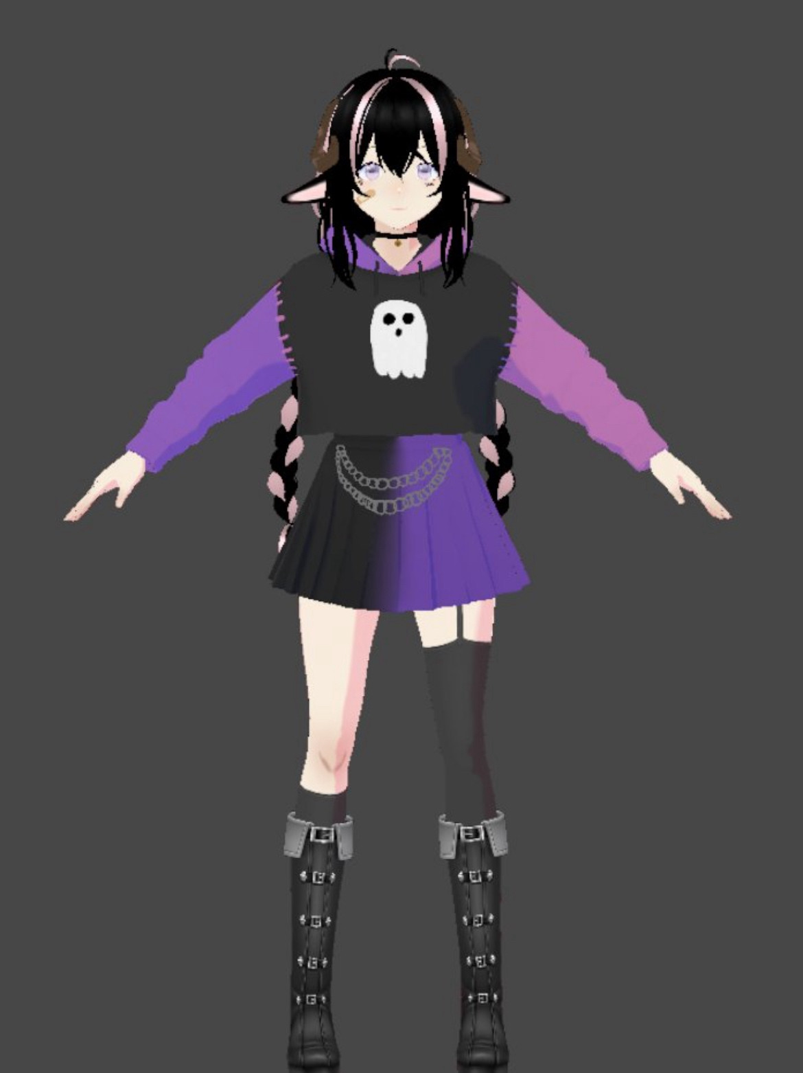 A sheep girl with a ghost sweatshirt, purple and black chained skirt with pink and black braids for hair