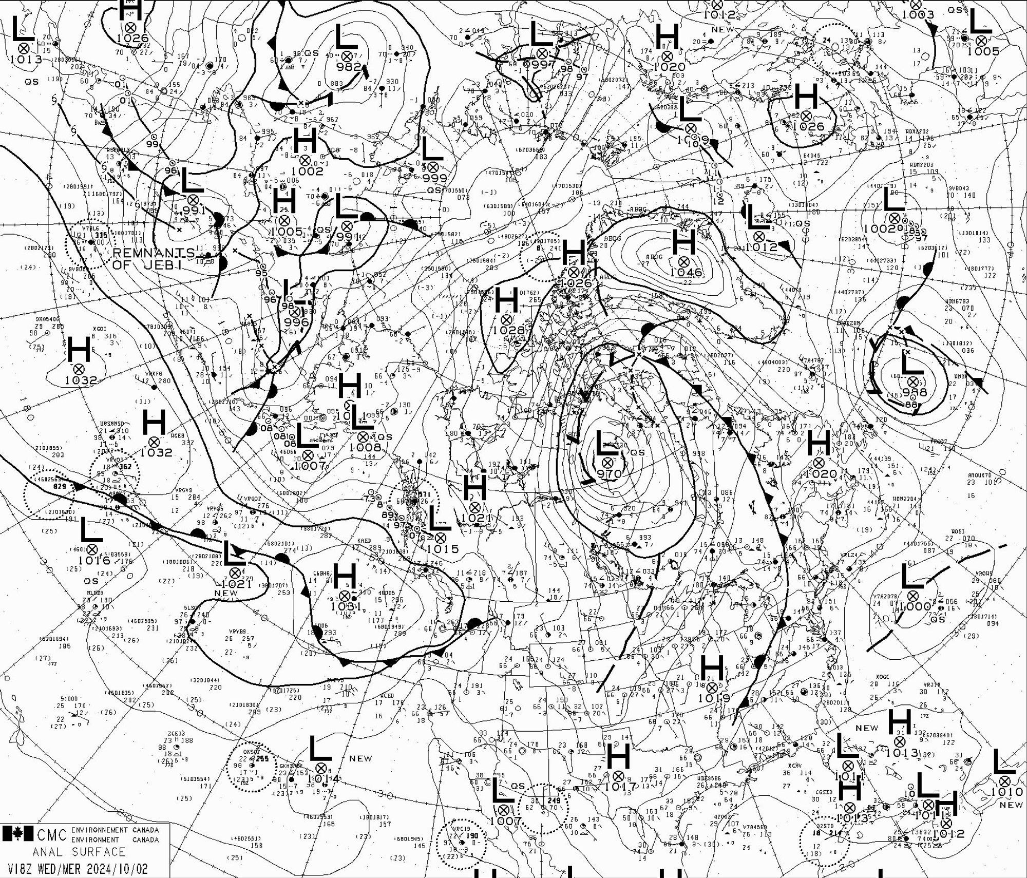 Surface air pressure map of the northern hemisphere (focused on north america) for 6pm UTC Oct 2 2024

Remnants of typhoon Jebi are labelled in the upper left near kamchatka.

Two new unnamed storms are labelled "new" in the bottom right off the coast of Florida.

A massive low over Hudson Bay is influencing warm fronts across eastern north america.
A high pressure system is blowing into the Cascadian coast (west coast of northern usa) from across the pacific.