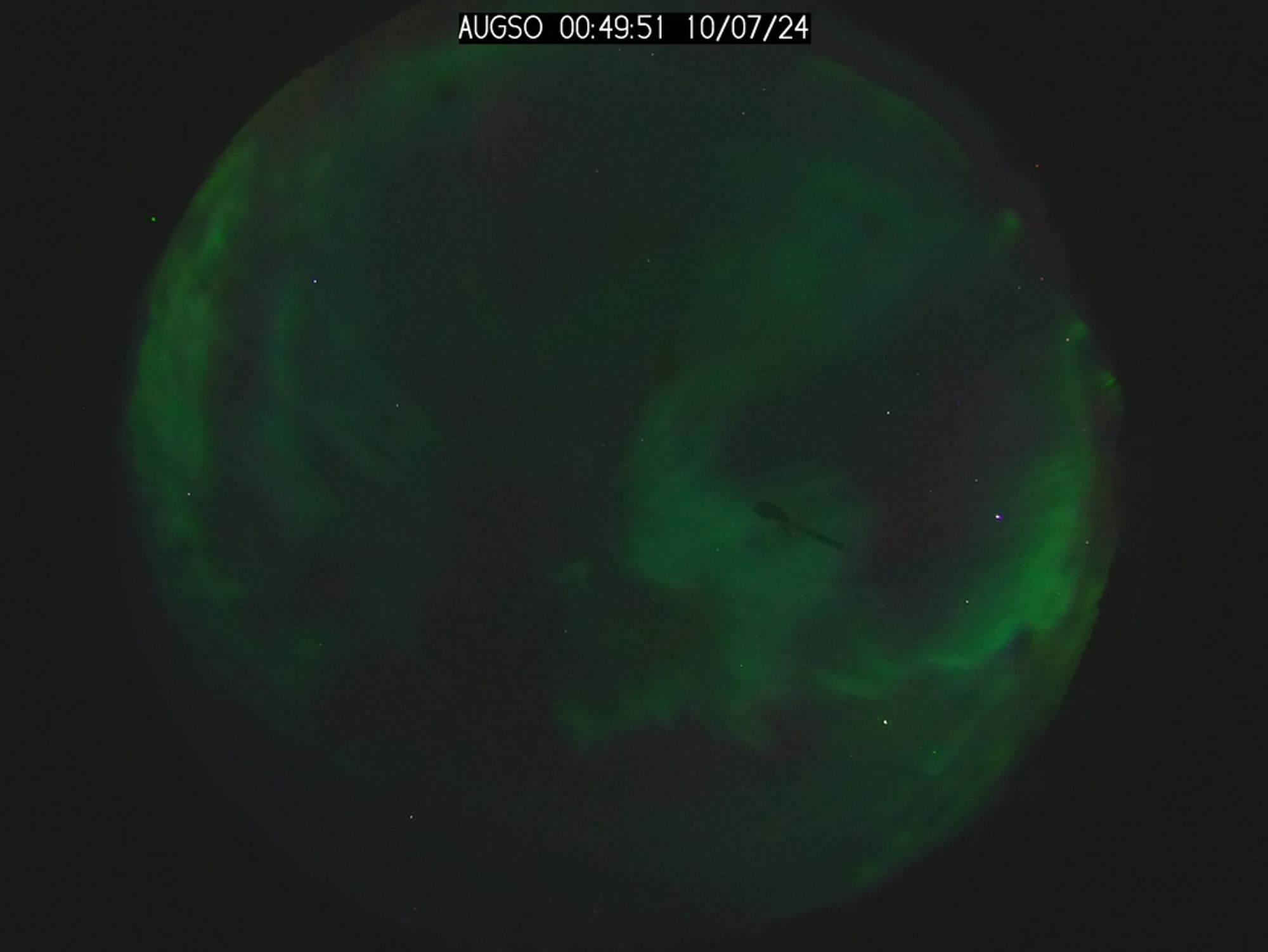 a circular photo of the night sky, streaked with green aurora in shades of emerald and neon.

The middle is fairly dark. The left edge has some bright green streaks in a vertical arrangement, and the right half has a big oblong ... shape. There's loads of diffuse green everywhere else, except the middle of the shape on the right hand side seems to be devoid of aurora entirely.

Near the middle of the photo, there's a diagonal black line from bottom right to top left (but it's small) that looks vaguely dragonfly body-shaped. It's probably just a break in the aurora, though, or a low-lying cloud.