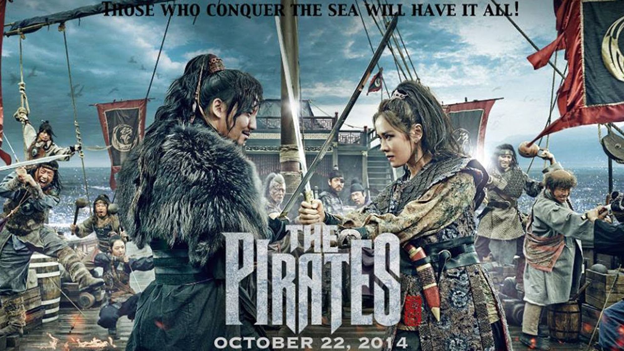 Promotional poster for The Pirates (title in the center on the bottom).
"Those who conquer the sea will have it all!" at the top in black letters.

Two pirate-looking people clash swords in the center of the image - a man with a high ponytail on the left and a fur shoulder covering, all in black, and a woman with braids in her long loose hair and a leather vest-thing with a wide collar over a pale tunic. Both have extra weapons hanging from their belts. He's slightly smiling, she's dead serious.

They are standing in the middle of a ship deck in a storm. Black flags with red trim are blowing in the wind, and their crew are fighting in the background and on the sides: there are swords swinging, people swinging from ropes, clubs being used, and general chaos.

Everyone is wearing shabby, dirty, faded loose clothes with a very "rustic" appearance that hints that everything is very worn and hand-made.