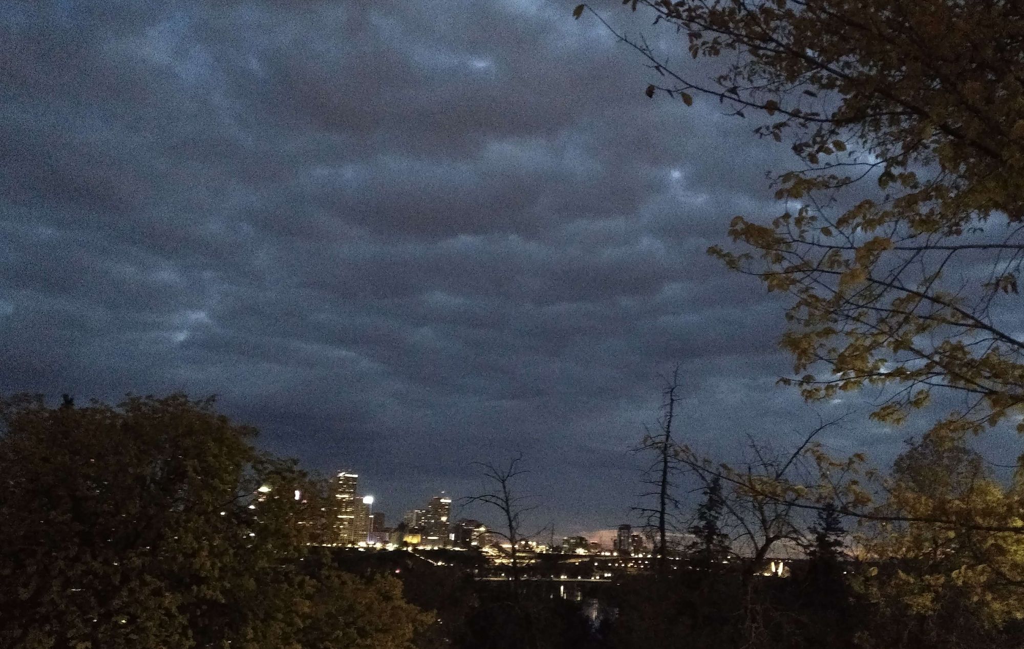 The eastern portion of downtown peeks through a break in the trees. In the right half, the twin arms of the suspension bridge for the Valley Line LRT river crossing glow in the shadows.

Eastern downtown is shorter but still glows brightly under the slowly lightening pre-dawn twilight, hidden behind clouds.