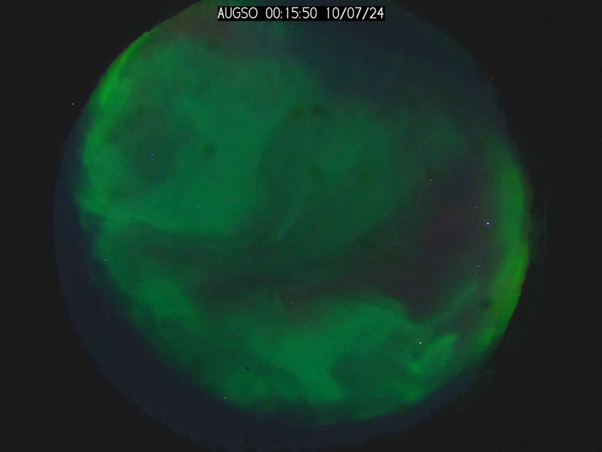 a circular photo of the night sky with large sweeps of dense bright emerald green across basically everything.

There's a half-circle of orange-pink in the lower right that might be another gas reacting (besides the green oxygen, or maybe it's just higher altitude oxygen)