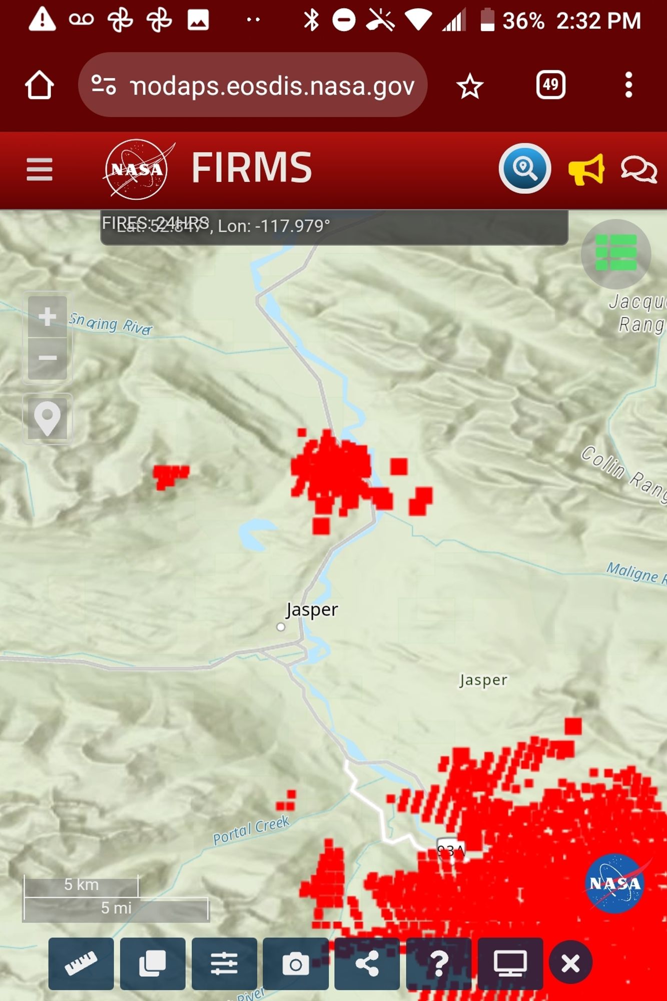 Wildfire hospot imagery (hot spots indicate currently active burning not the total extent of the fire) focused on Jasper townsite in Jasper National Park.

A small wildfire is burning in the slopes north of town.
Another slightly larger fire is burning in the Athabasca River valley on the approach to Jasper town on Highway 16 from the northeasr, at the Maligne River and Maligne Road junction.

A much larger fire is burning in the upstream Athabasca river valley, south of Jasper town on the Icefields Parkway (hwy 93 and 93A).
The fire at the Icefields Parkway has spread into the Astoria river valley (entrance to the Tonquin valley and Mt Edith Cavelle) and the western slopes of the Maligne Range mountains. A small hotspot has also set in to Portal Creek valley. Much of the forested area southeast along the Icefields parkway has burned.