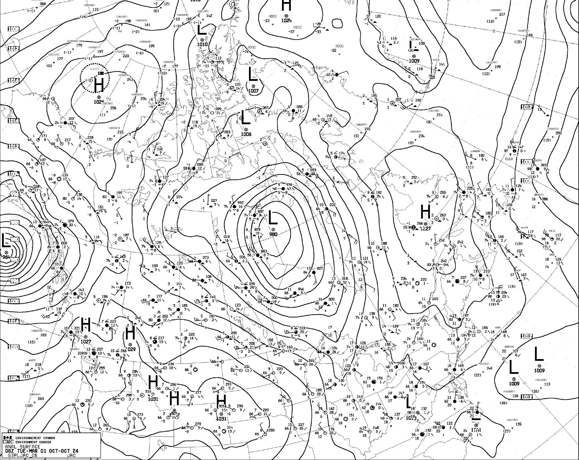 A map of surface air pressure in northern north america for 6am UTC Oct 1, 2024.
A low pressure system off the coast of northern BC/southern Alaska is moving inland. The pressure at the center of the low is 96.4 kPa (a ridiculously low number). It is currently hitting land in northern BC and along the BC/Alaska coastline, squeezing out a high pressure system over Yukon and the western Arctic ocean and a high pressure system over Washington which has been pushed further inland and eastward over Idaho, Montana, Wyoming, South Dakota and Nebraska.

Another low pressure system is steadily moving eastward from northern Manitoba and Nunavut into Hudson Bay and Ontario, pushing into the space left by Hurricane Helene and against a high pressure system over Atlantic Canada and New England. The low is stretching northwards and southwards as it moves east.