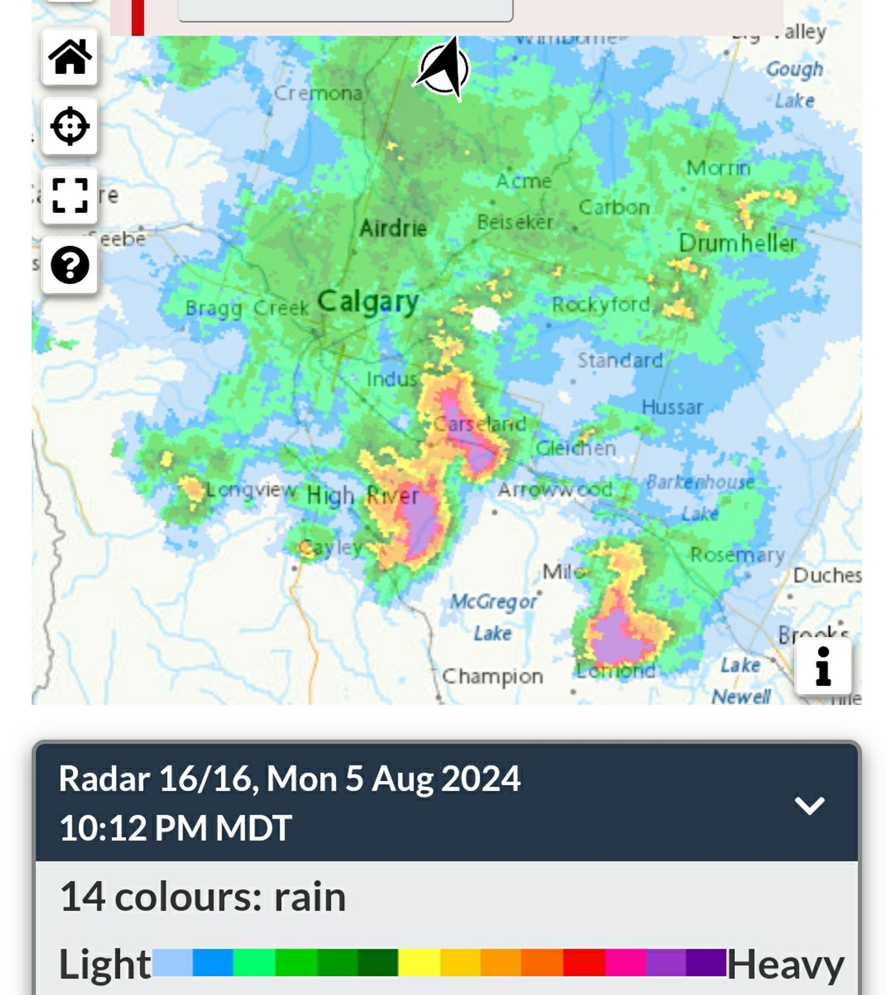 A zoomed-in radar map of the Calgary area, showing the extent of the storm and its biggest storm cells.

The storm system extends over most of the frame, from Cremona in the NW, Bragg Creek and Longview in the SW to Drumheller in the NE and Rosemary and Lake Newell in the SW.

Storm cells with heavy precipitation are located over Carseland, Gleichen and Arrow Wood, east of High River over McGregor Lake, and east of Lomond and Milo, headed towards Rosemary.