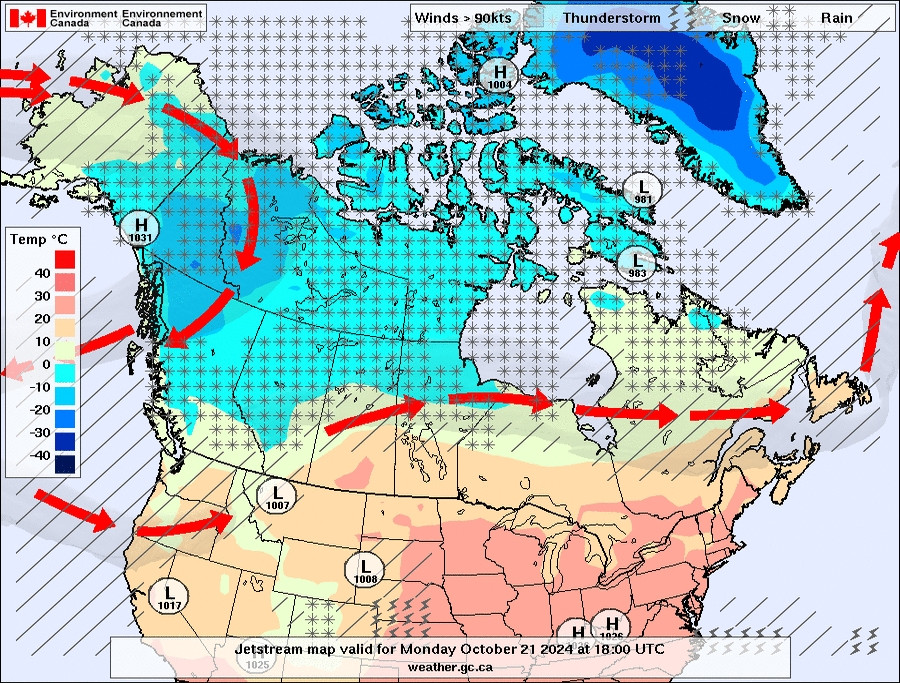 A weather forecast map for noon Monday (MDT) Oct 21.

Freezing temperatures are pushing in to the western provinces as the jet stream does a creative reverse-S-shape over alaska and BC before stringing a long windy line across the northern halfs of Saskatchewan, Manitoba, Ontario and Quebec before taking a northward turn across Newfoundland.
Snow for most of Yukon, BC, NWT, Nunavut and alberta and northern parts of saskatchewan and Manitoba (and Quebec).

Warmth in the 10s and 20s still spreads across southern SK, MB, ON, QC, and atlantic Canada. The eastern half of the USA is getting 20+ Celsius highs while the rockies and western mountains approach freezing. Alaska is getting a slight reprieve from the very cold but isn't getting too much above freezing.