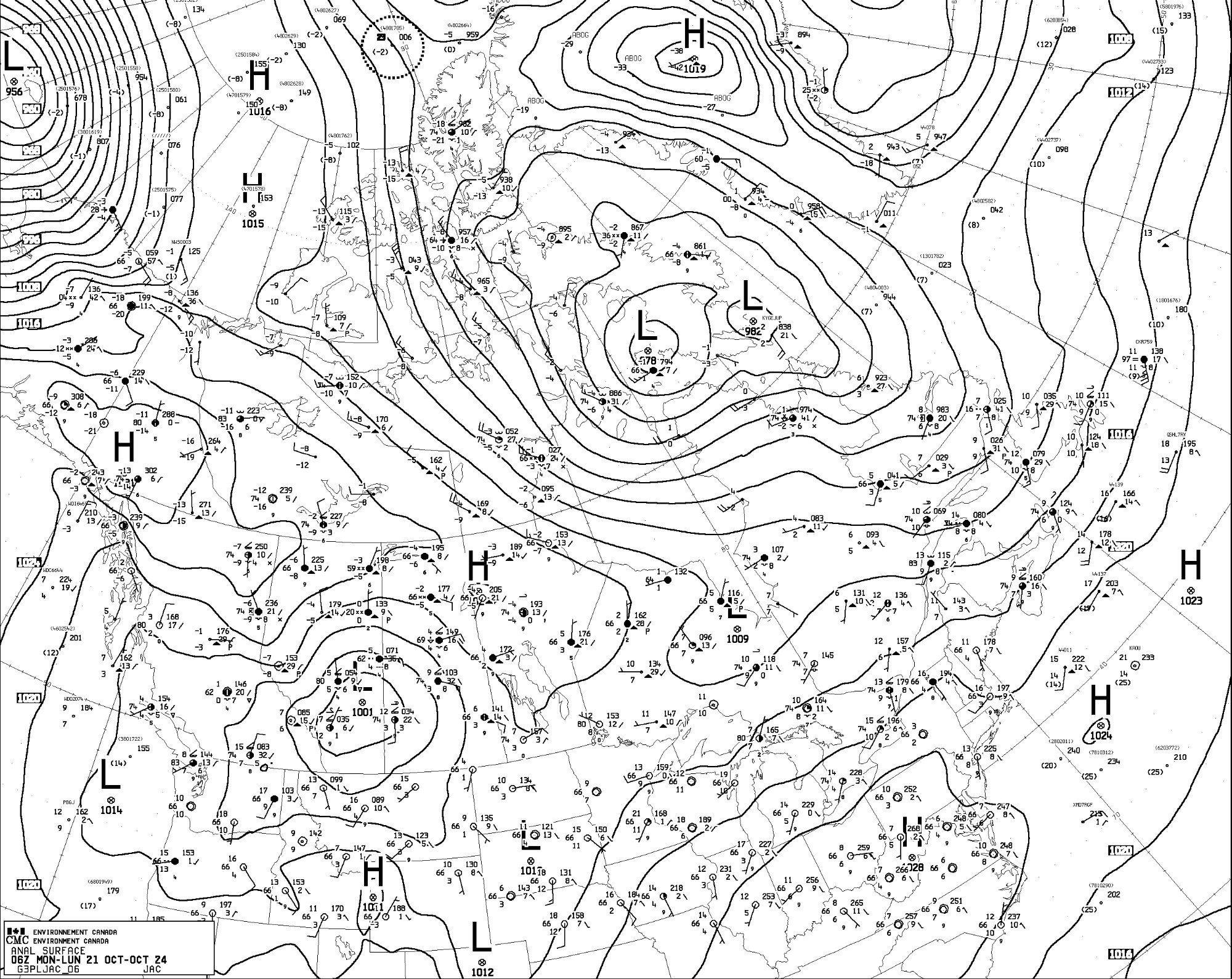 A map of northern north america, overlaid with surface air pressure isobars for Monday Oct 21 at 6am UTC (midnight MDT).

The low that had been over Vancouver island has drifted inland over central alberta and has lost much of its intensity (central pressure is 100.0 kPa). It is spreading influence across the Cascadia and northwestern USA regions, and BC and alberta. It did not really link up with the low over Nunavut, which has gained size and intensity, and has influence across the arctic and into northern Quebec and Atlantic canda.

Another low pressure system is moving into Alaska. It is large and intense (central pressure is 95 kPa) it looks to be headed in a westward and possibly southwestward direction.

Dissolute high pressure governs most of central Canada though the Nunavut low is forming a wedge via James Bay.